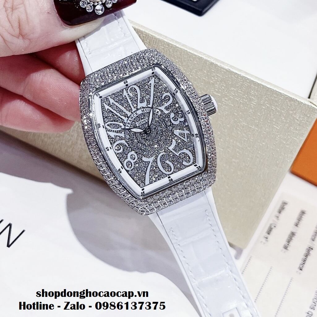 Đồng Hồ Franck Muller Nữ Silicon Trắng Đính Đá Bạc 34mm