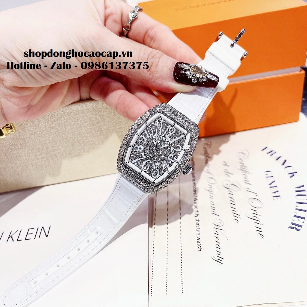 Đồng Hồ Franck Muller Nữ Silicon Trắng Đính Đá Bạc 34mm