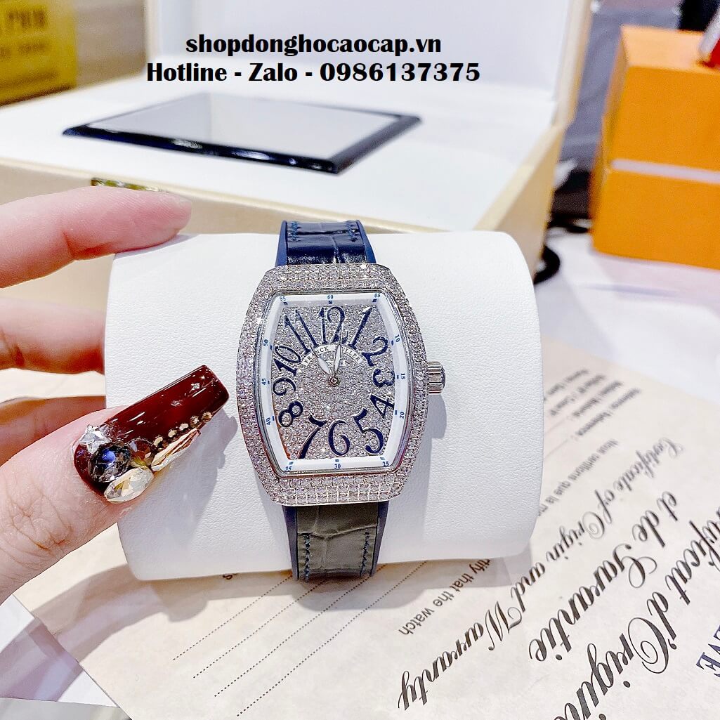 Đồng Hồ Franck Muller V32 Nữ Silicon Xanh Đậm Đính Đá Bạc 34mm