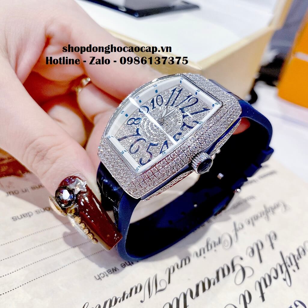 Đồng Hồ Franck Muller V32 Nữ Silicon Xanh Đậm Đính Đá Bạc 34mm