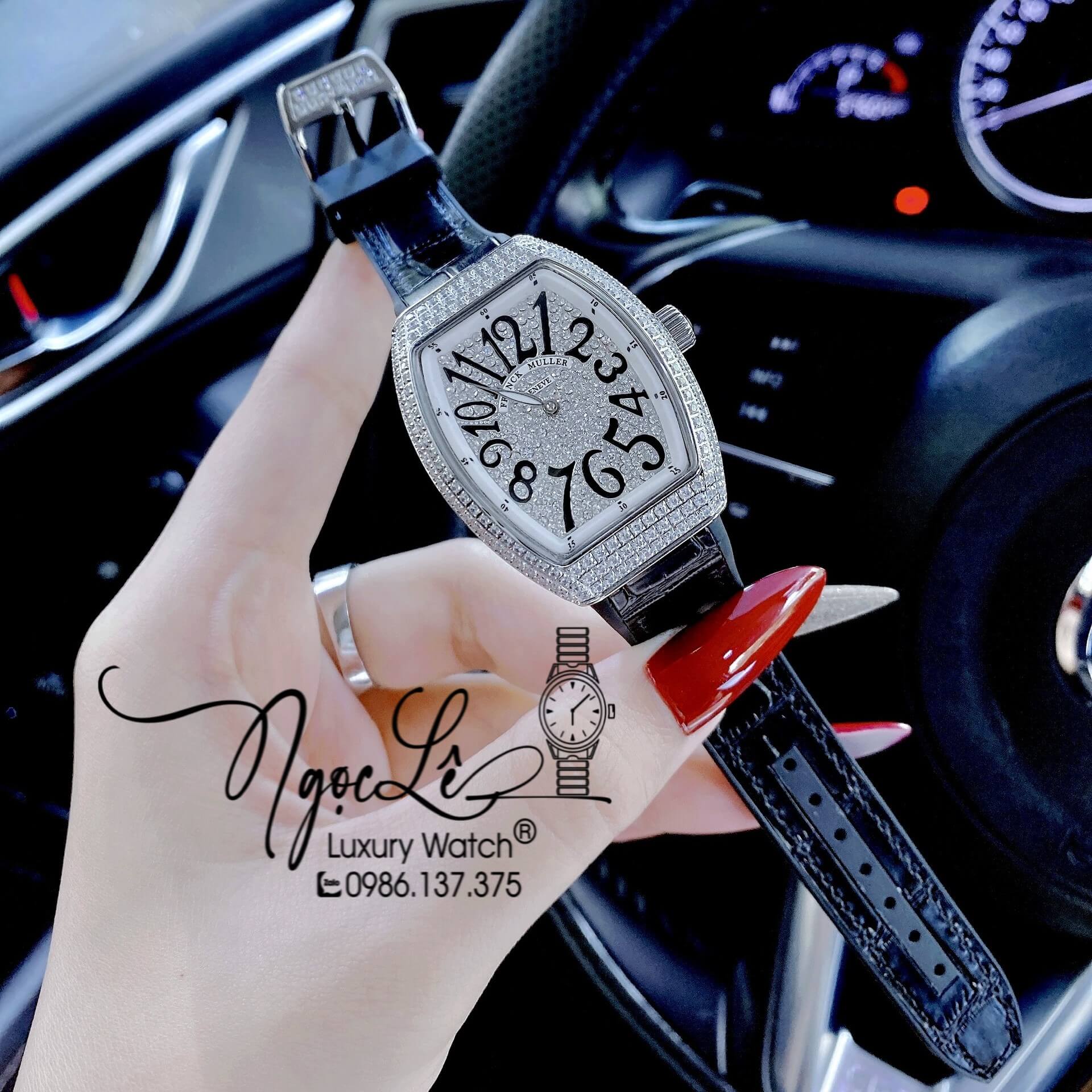 Đồng Hồ Franck Muller V32 Nữ Dây Màu Đen Đính Đá Bạc Size 34mm