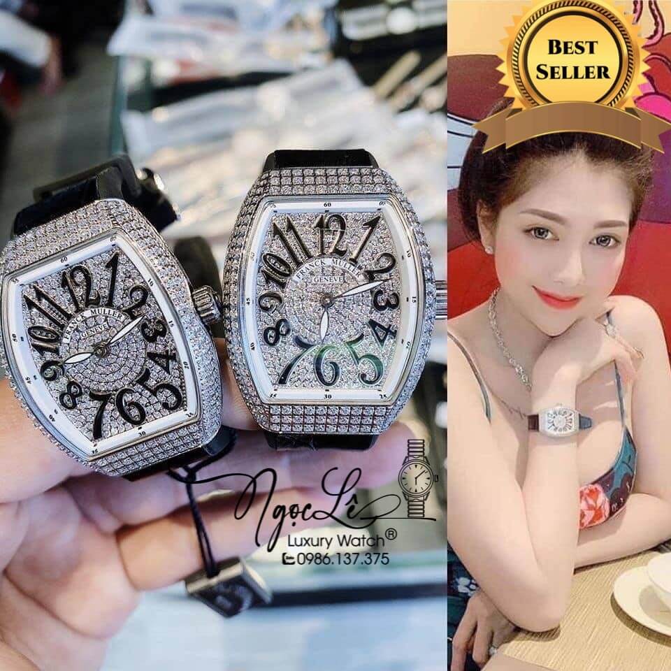 Đồng Hồ Franck Muller V32 Nữ Dây Màu Đen Đính Đá Bạc Size 34mm