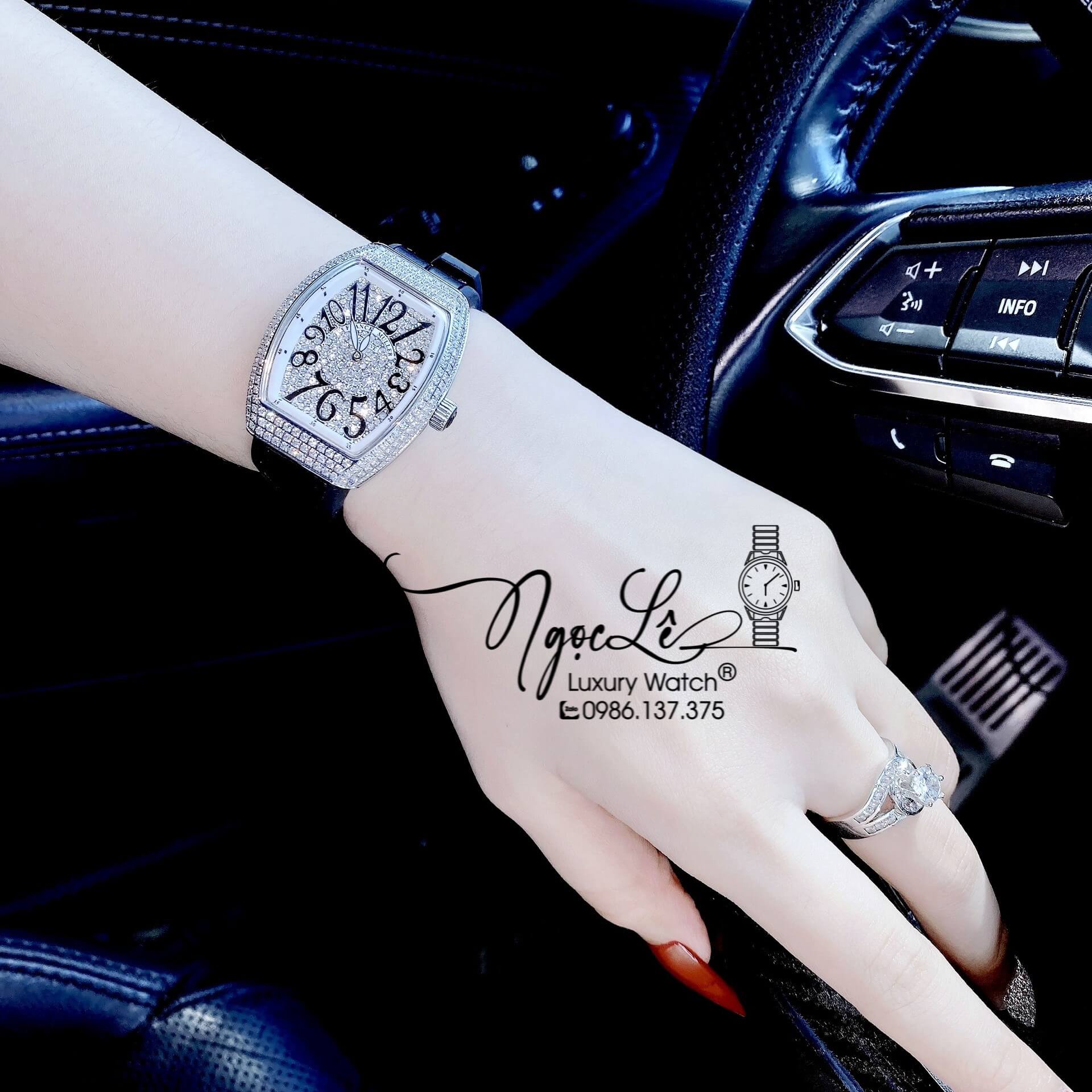 Đồng Hồ Franck Muller V32 Nữ Dây Màu Đen Đính Đá Bạc Size 34mm