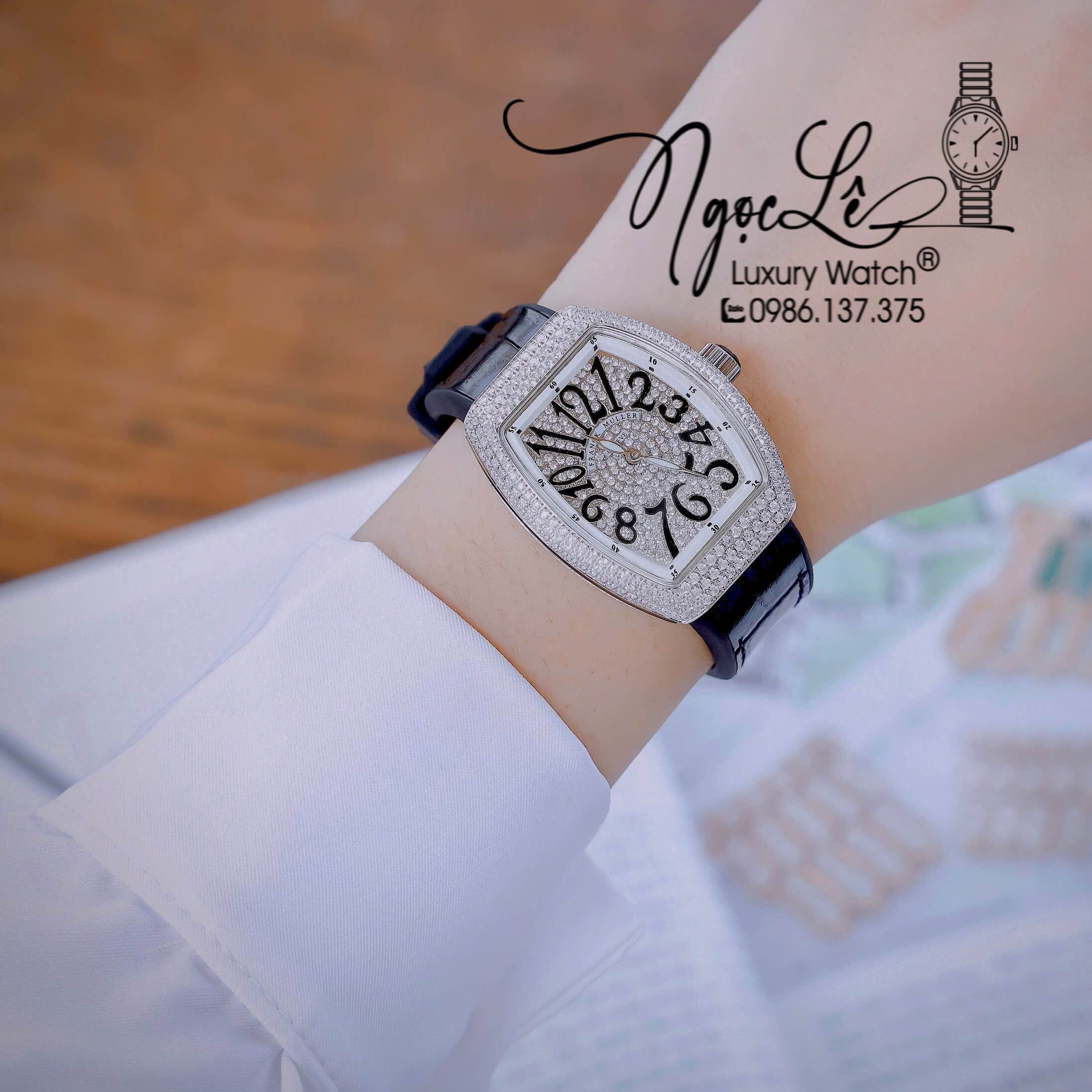Đồng Hồ Franck Muller V32 Nữ Dây Màu Đen Đính Đá Bạc Size 34mm