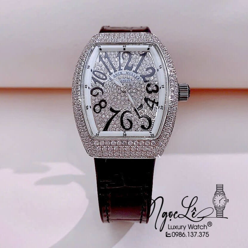 Đồng Hồ Franck Muller V32 Nữ Dây Màu Đen Đính Đá Bạc Size 34mm