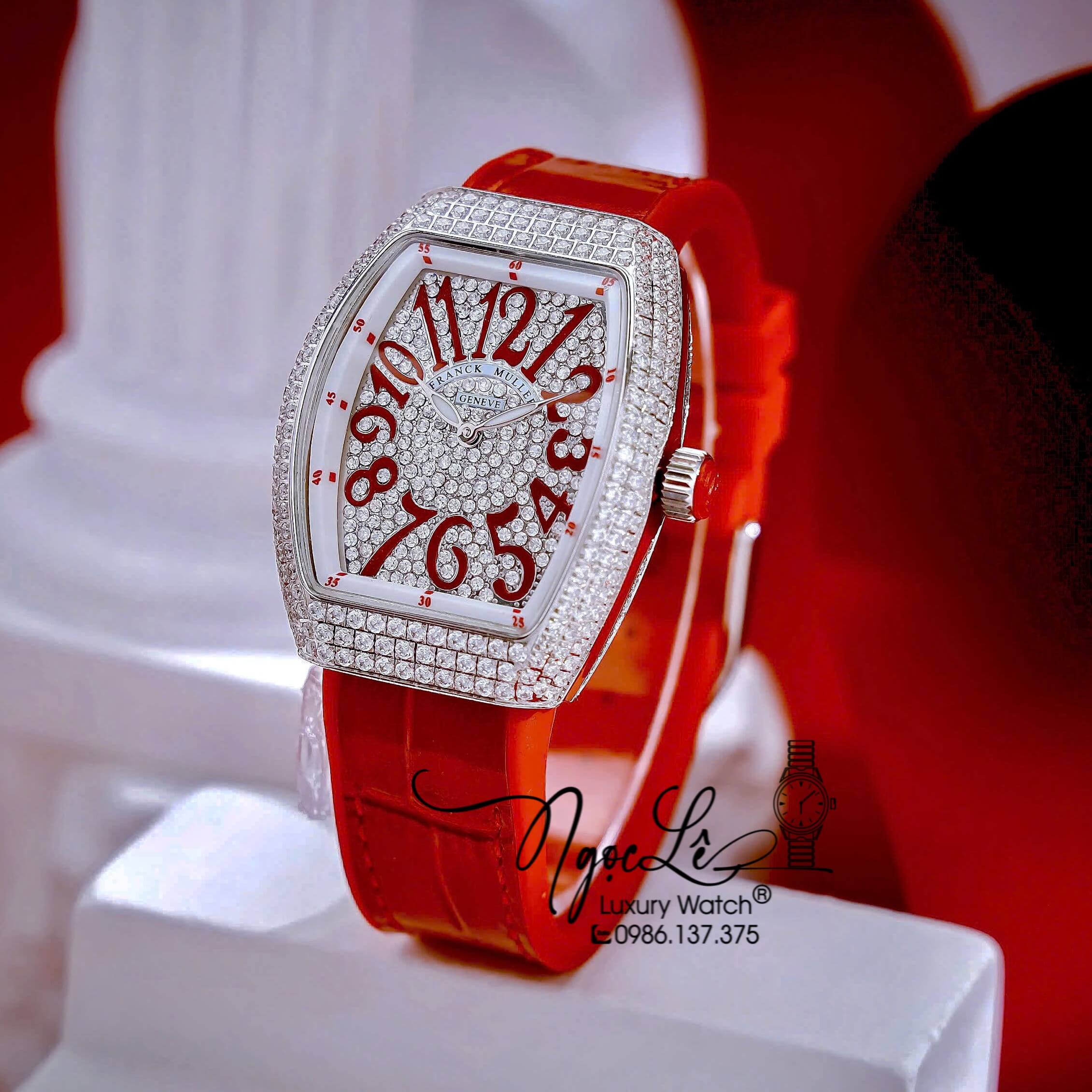 Đồng Hồ Franck Muller V32 Nữ Dây Màu Đỏ Đính Đá Bạc Size 34mm