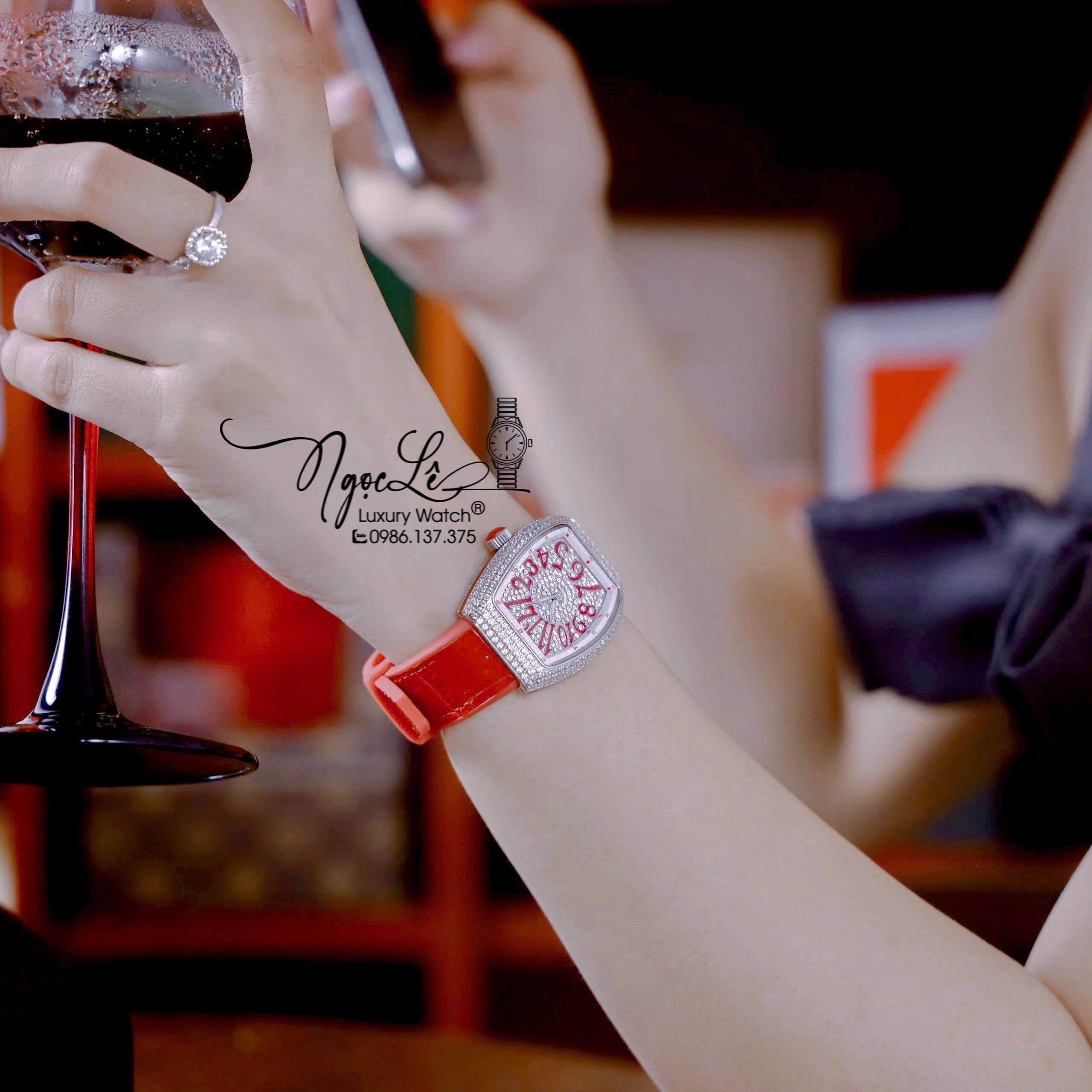 Đồng Hồ Franck Muller V32 Nữ Dây Màu Đỏ Đính Đá Bạc Size 34mm