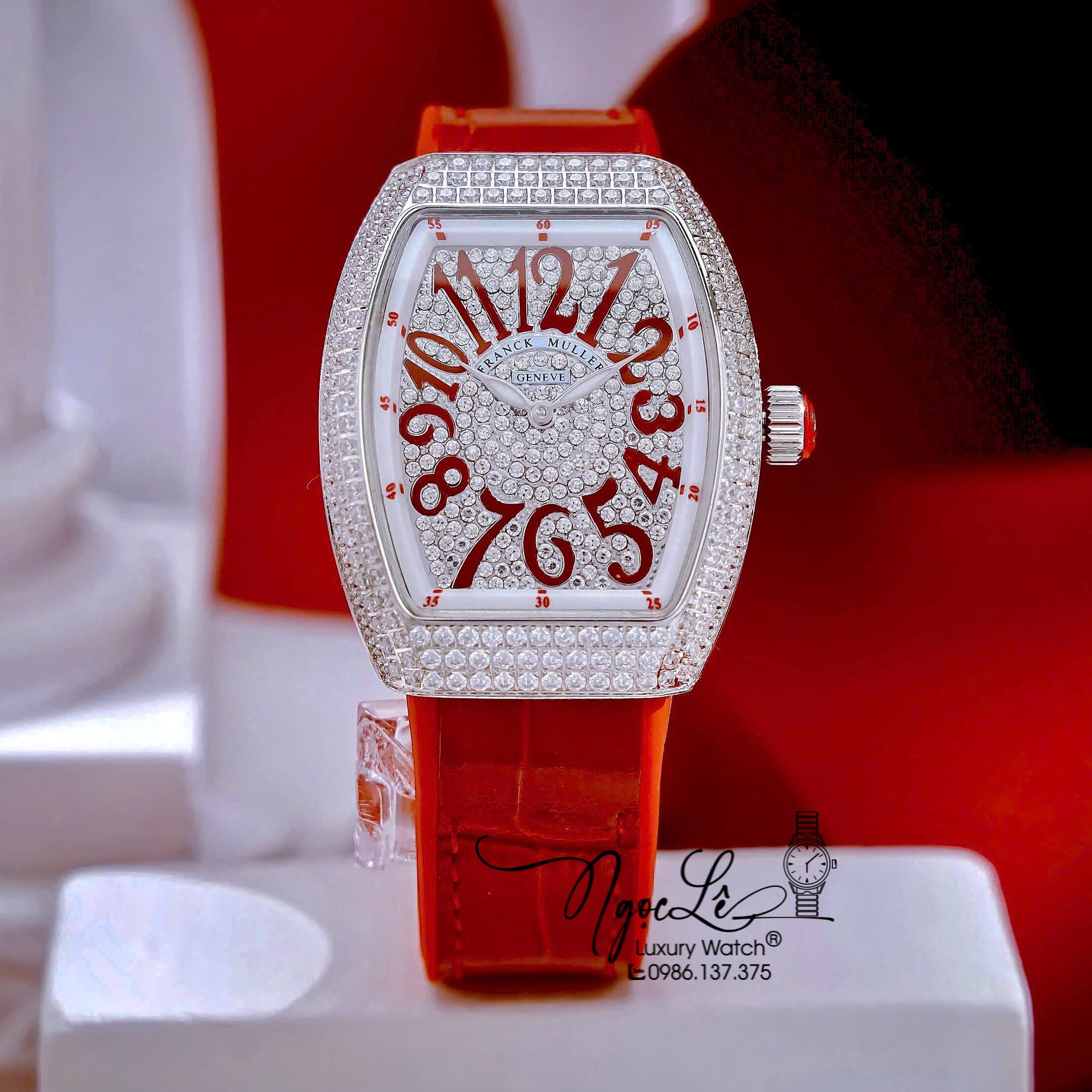 Đồng Hồ Franck Muller V32 Nữ Dây Màu Đỏ Đính Đá Bạc Size 34mm