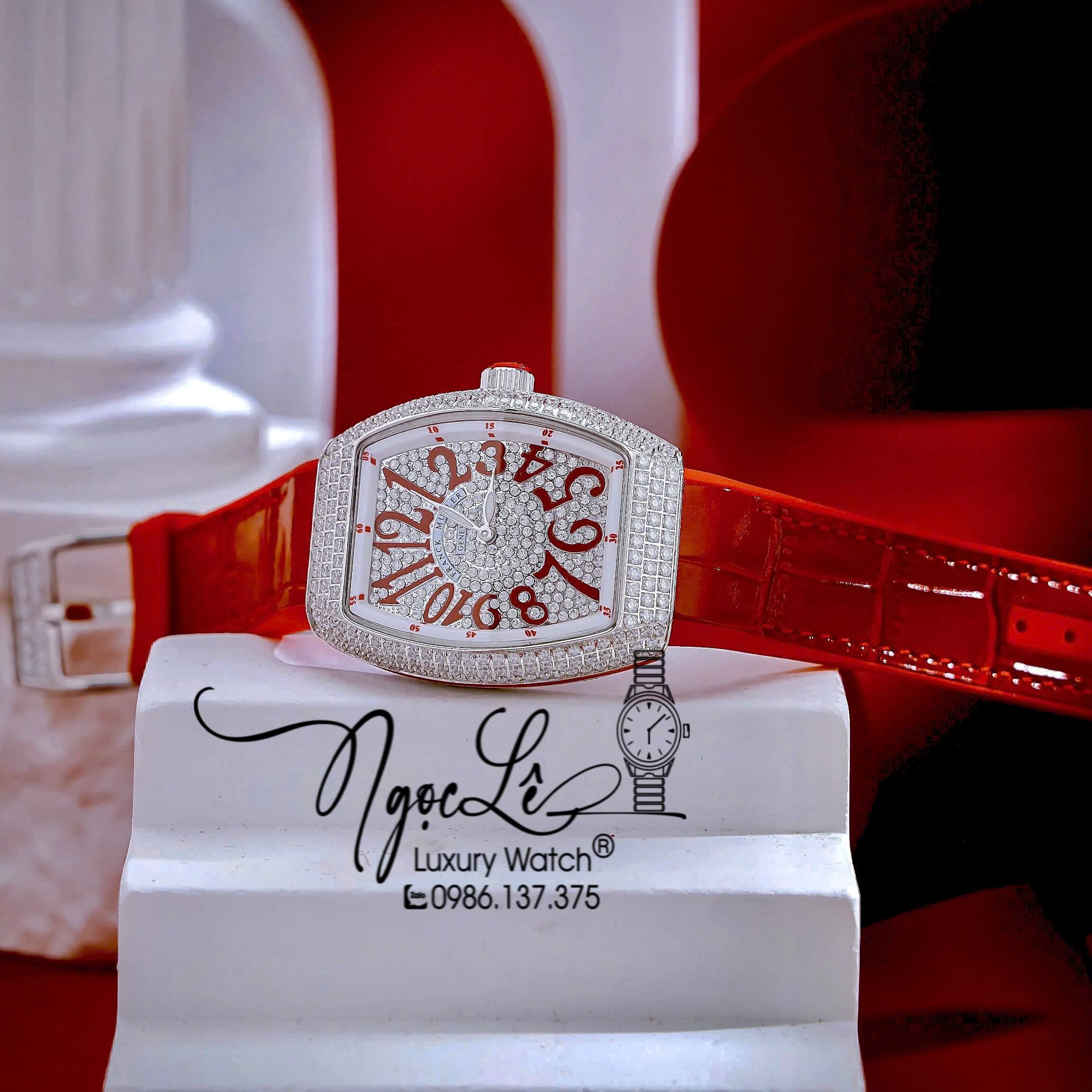 Đồng Hồ Franck Muller V32 Nữ Dây Màu Đỏ Đính Đá Bạc Size 34mm