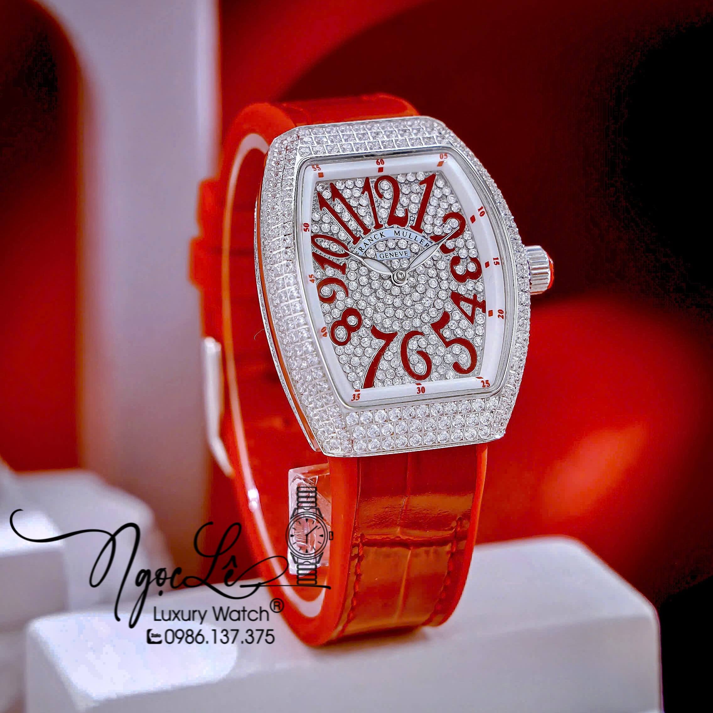 Đồng Hồ Franck Muller V32 Nữ Dây Màu Đỏ Đính Đá Bạc Size 34mm