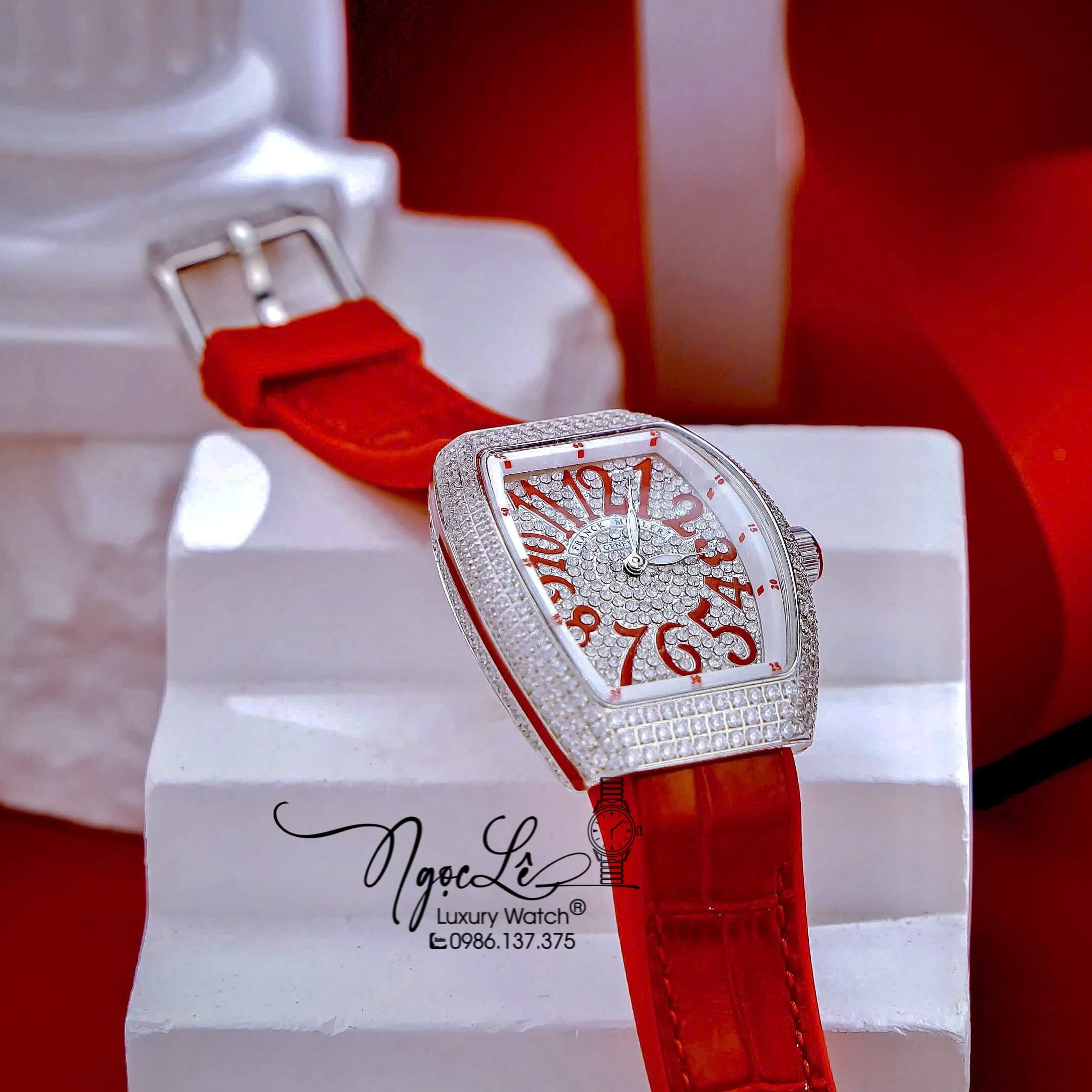 Đồng Hồ Franck Muller V32 Nữ Dây Màu Đỏ Đính Đá Bạc Size 34mm