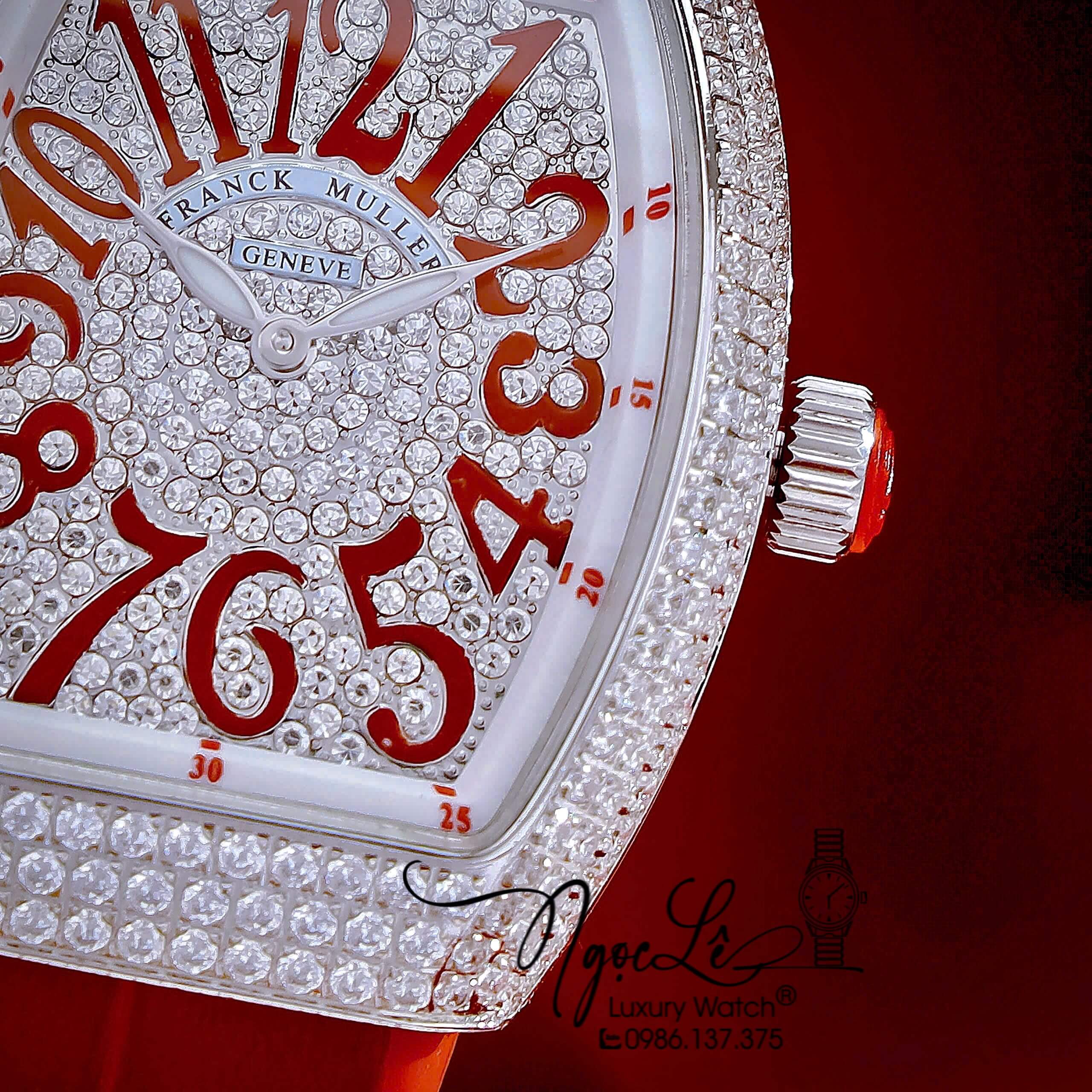 Đồng Hồ Franck Muller V32 Nữ Dây Màu Đỏ Đính Đá Bạc Size 34mm