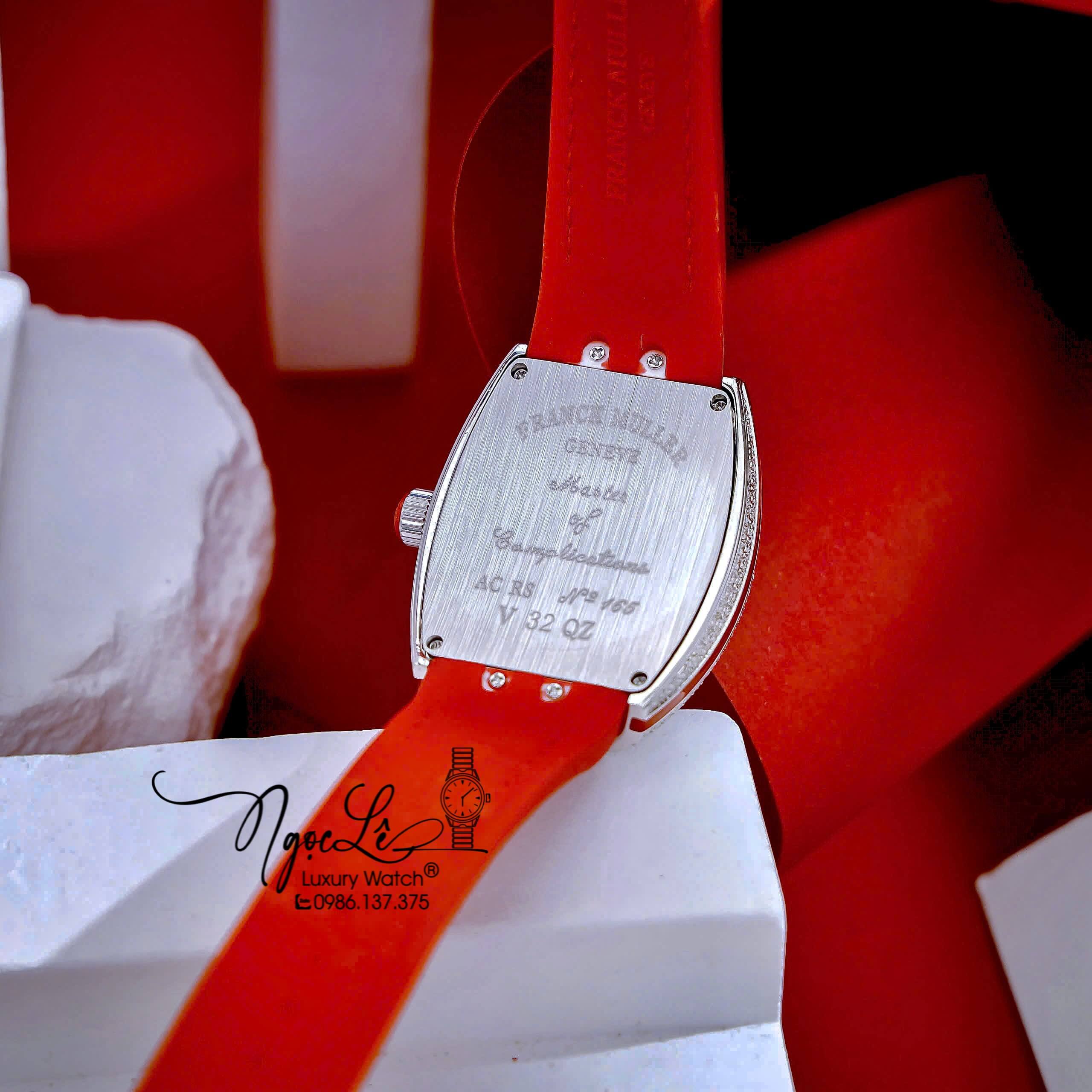 Đồng Hồ Franck Muller V32 Nữ Dây Màu Đỏ Đính Đá Bạc Size 34mm