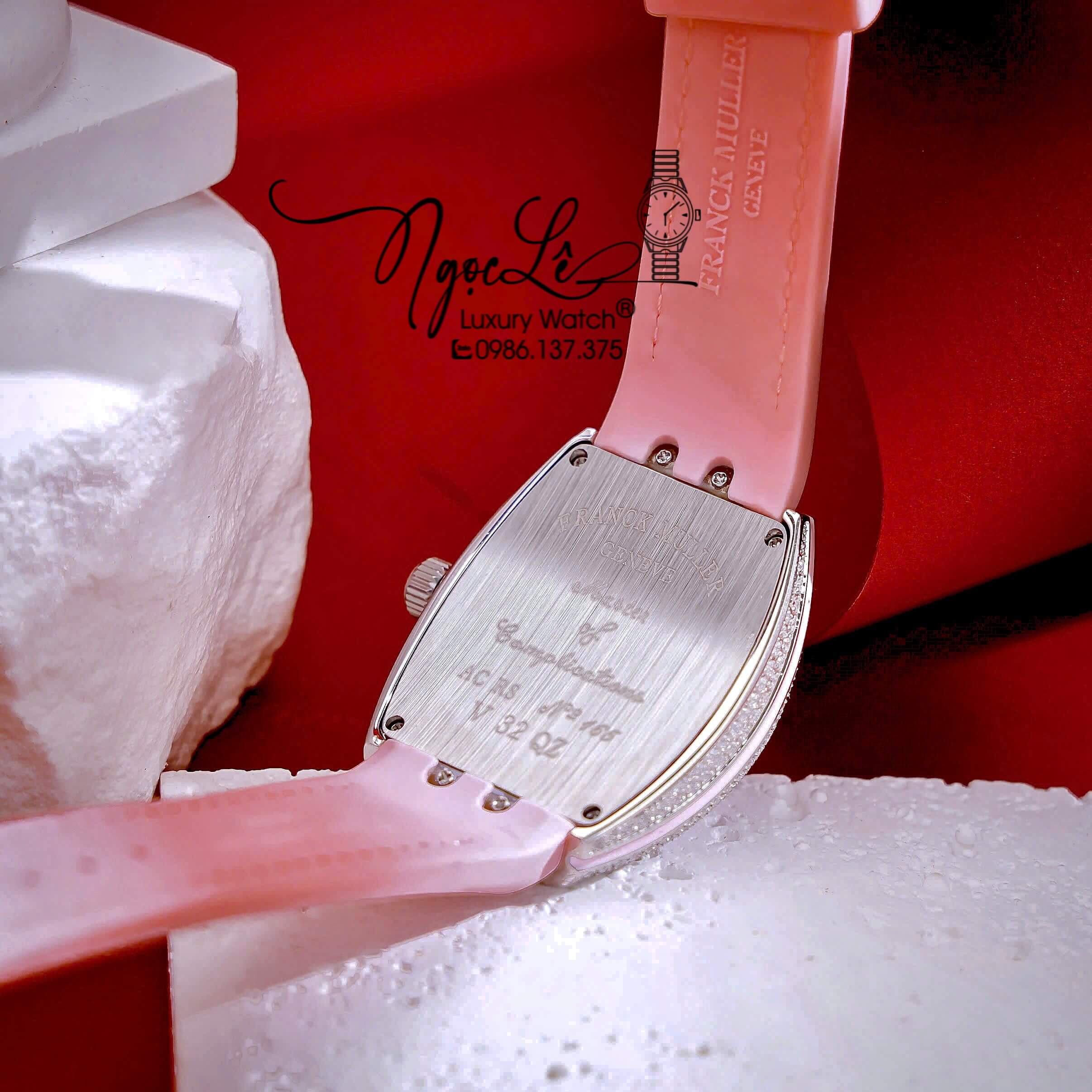 Đồng Hồ Franck Muller V32 Nữ Dây Màu Hồng Pastel Đính Đá Bạc Size 34mm