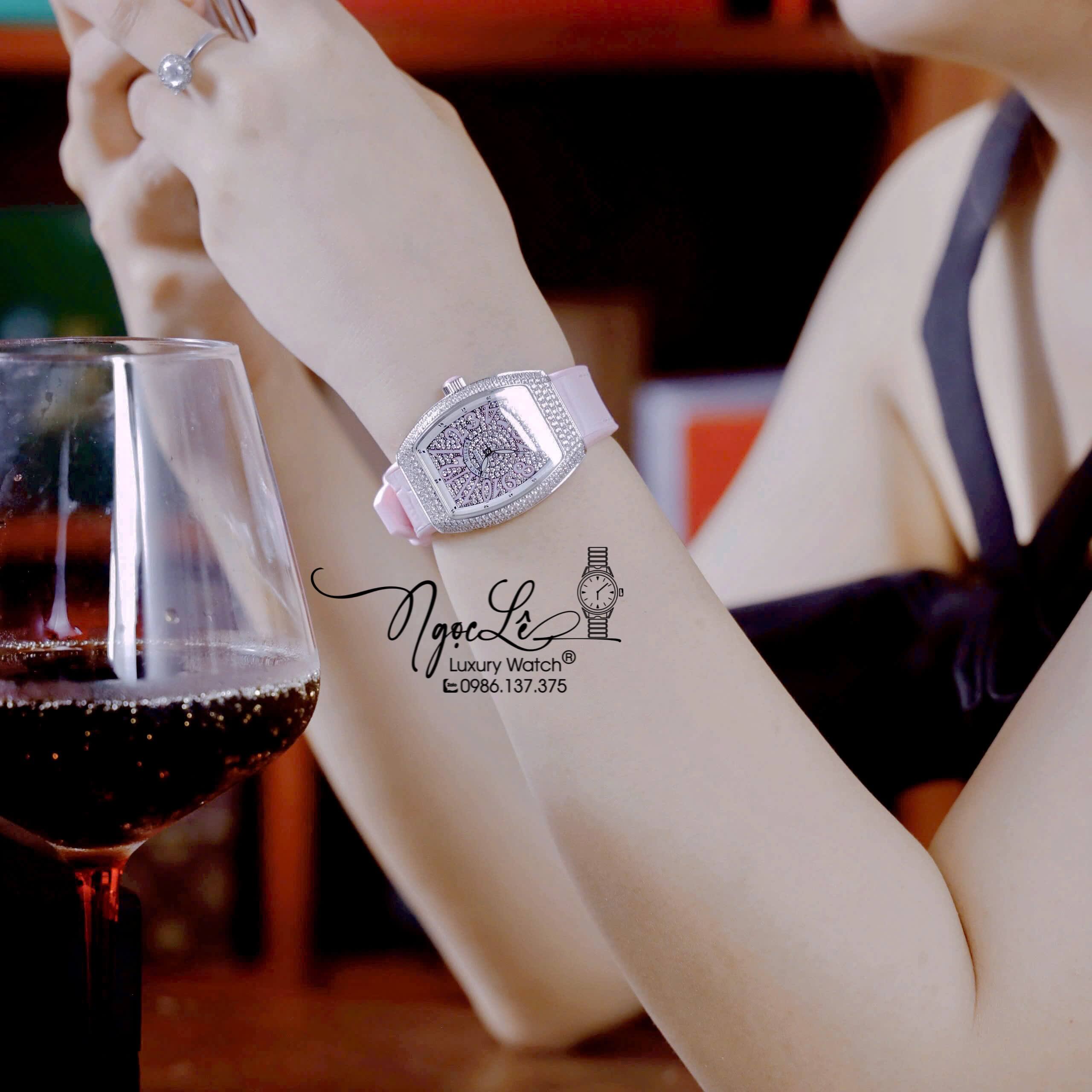 Đồng Hồ Franck Muller V32 Nữ Dây Màu Hồng Pastel Đính Đá Bạc Size 34mm