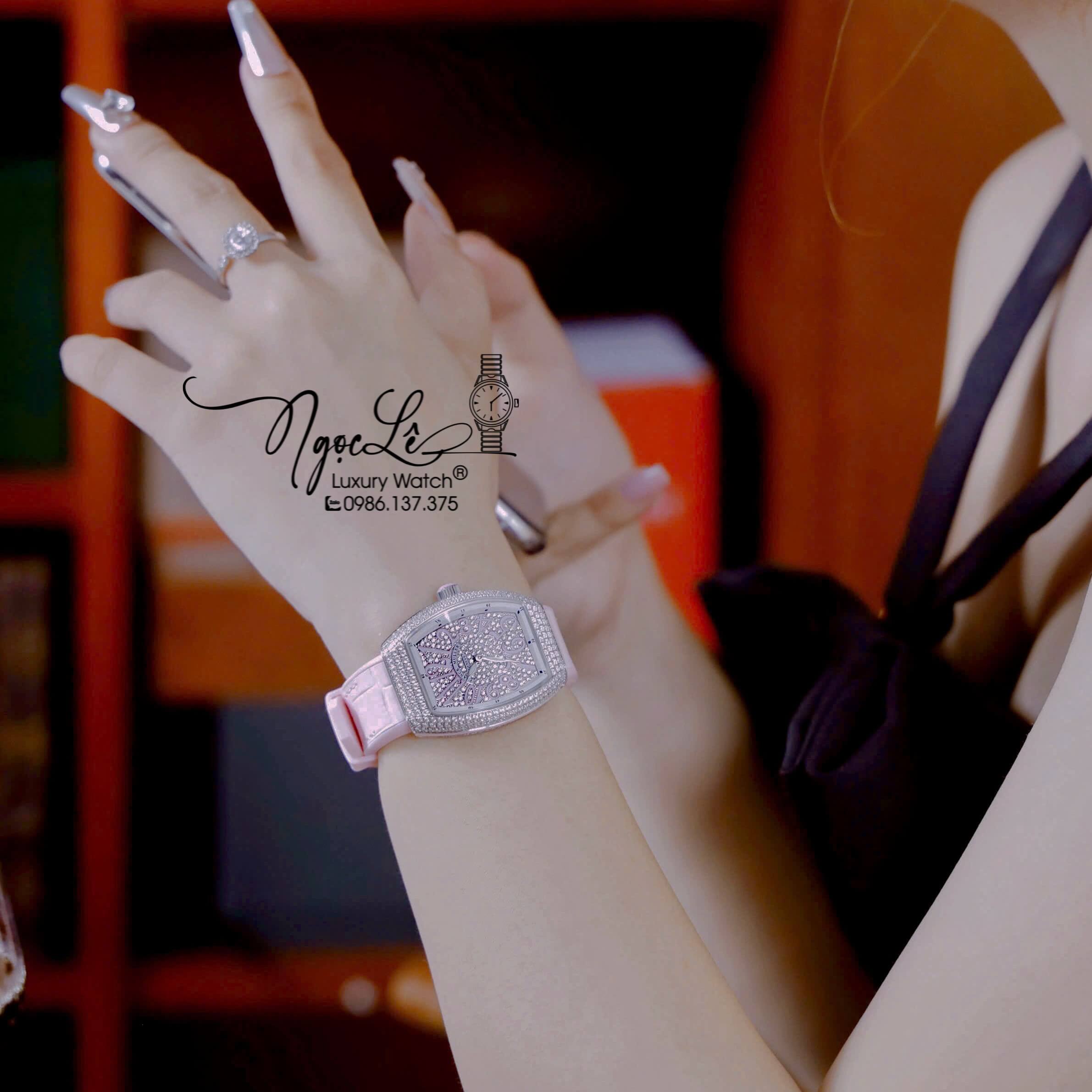 Đồng Hồ Franck Muller V32 Nữ Dây Màu Hồng Pastel Đính Đá Bạc Size 34mm