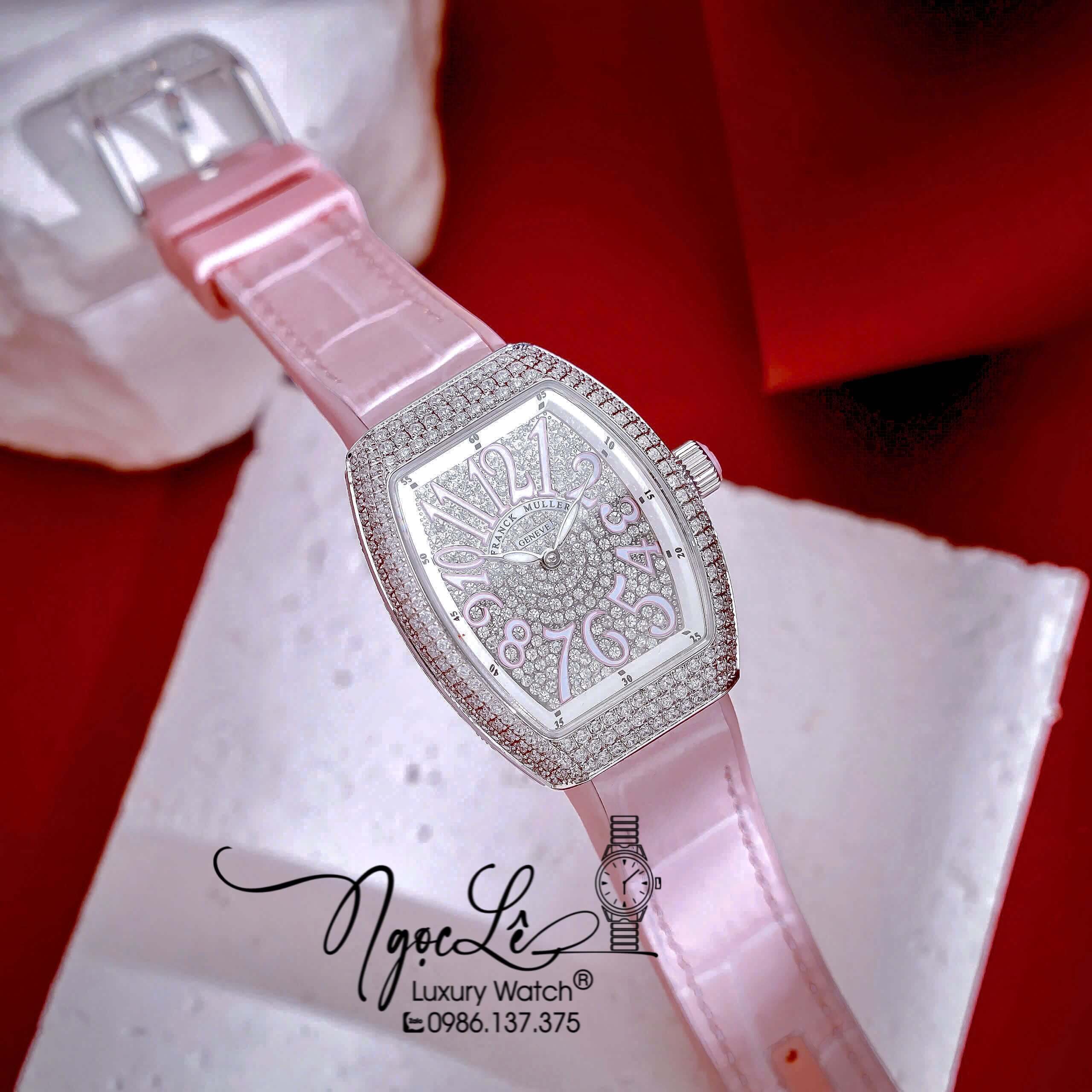Đồng Hồ Franck Muller V32 Nữ Dây Màu Hồng Pastel Đính Đá Bạc Size 34mm