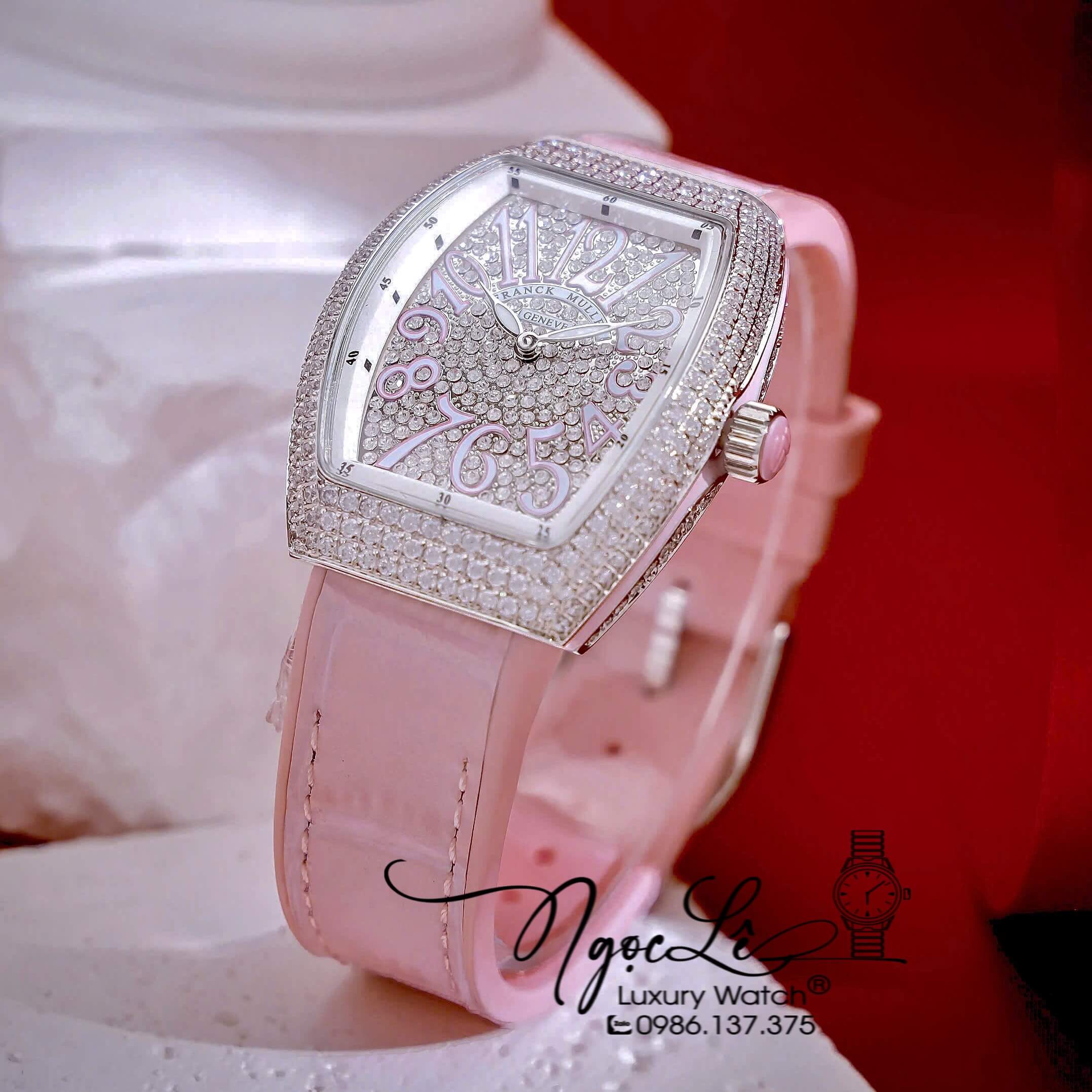 Đồng Hồ Franck Muller V32 Nữ Dây Màu Hồng Pastel Đính Đá Bạc Size 34mm