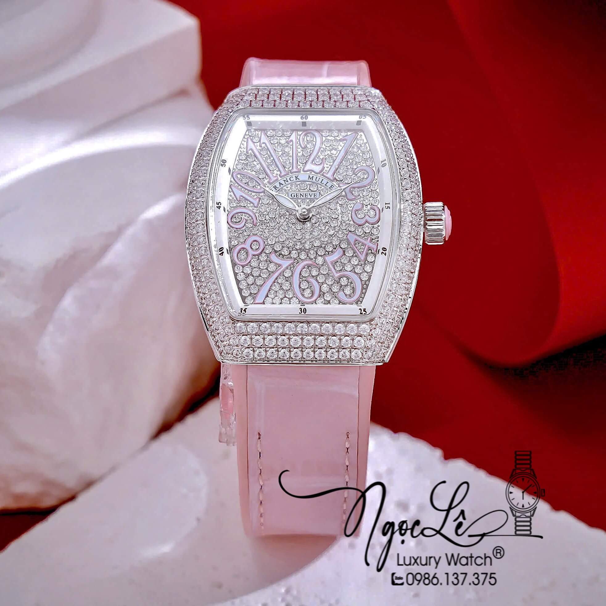 Đồng Hồ Franck Muller V32 Nữ Dây Màu Hồng Pastel Đính Đá Bạc Size 34mm