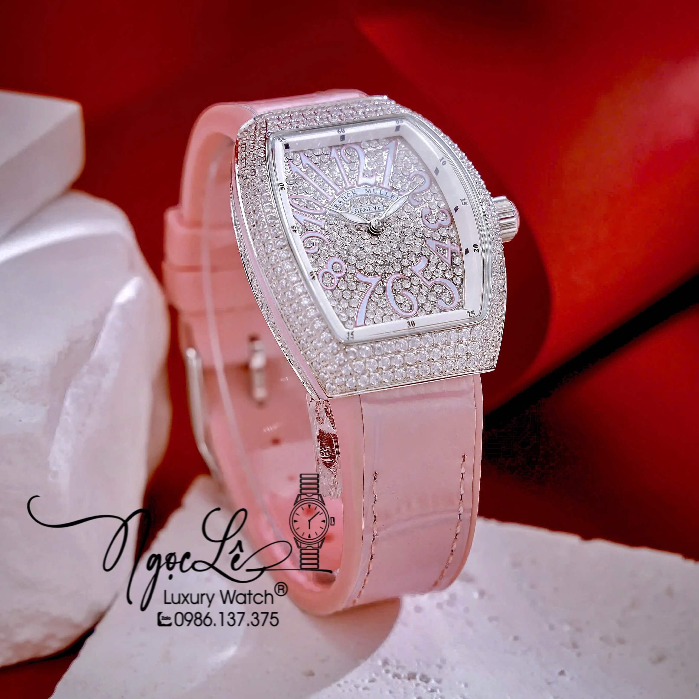Đồng Hồ Franck Muller V32 Nữ Dây Màu Hồng Pastel Đính Đá Bạc Size 34mm
