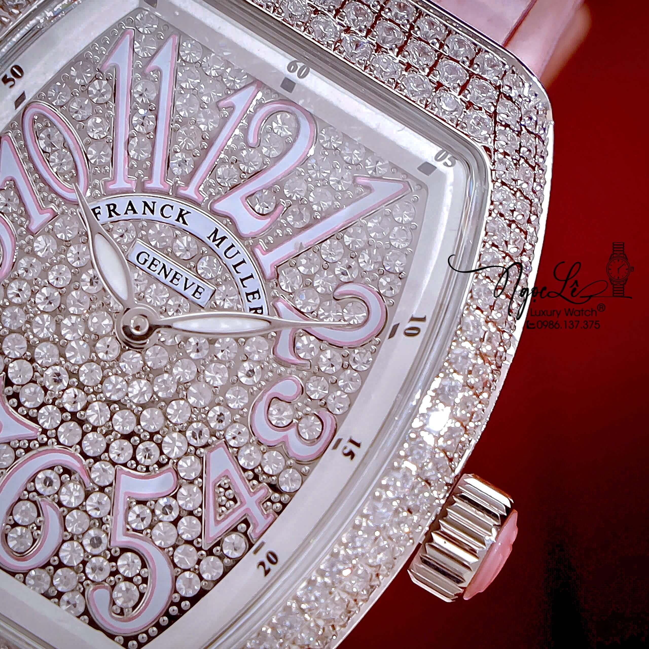 Đồng Hồ Franck Muller V32 Nữ Dây Màu Hồng Pastel Đính Đá Bạc Size 34mm