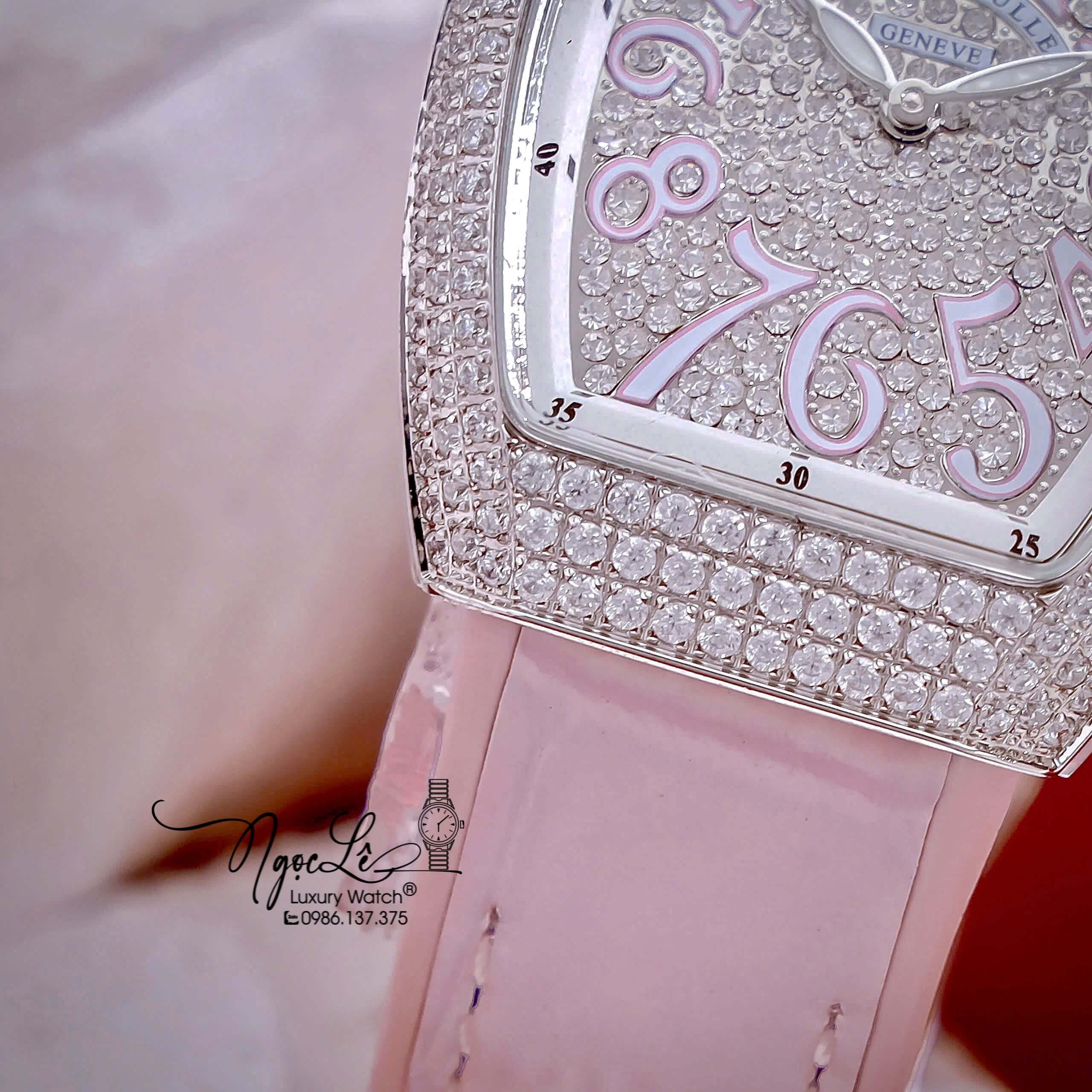 Đồng Hồ Franck Muller V32 Nữ Dây Màu Hồng Pastel Đính Đá Bạc Size 34mm