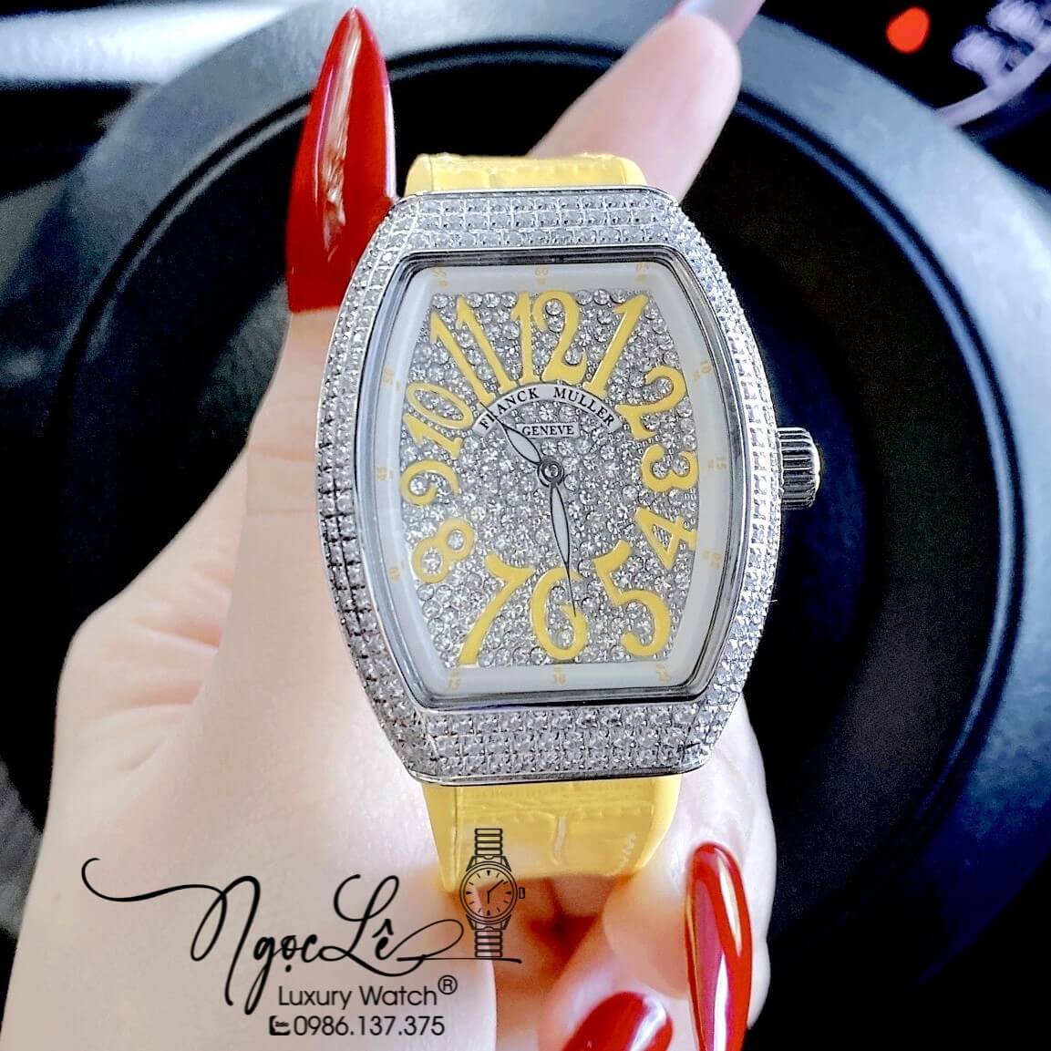 Đồng Hồ Franck Muller V32 Nữ Dây Màu Vàng Pastel Đính Đá Bạc Size 34mm