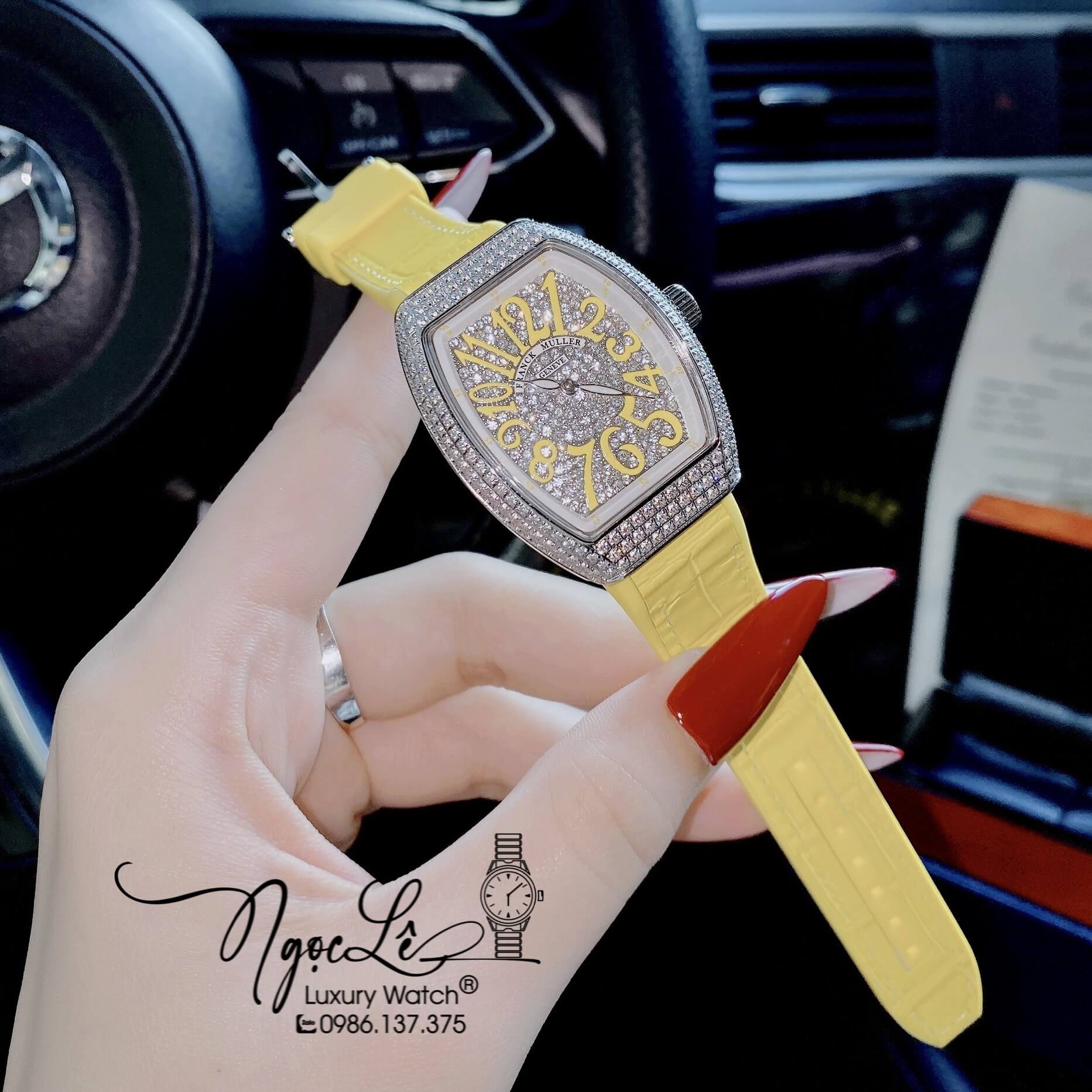 Đồng Hồ Franck Muller V32 Nữ Dây Màu Vàng Pastel Đính Đá Bạc Size 34mm