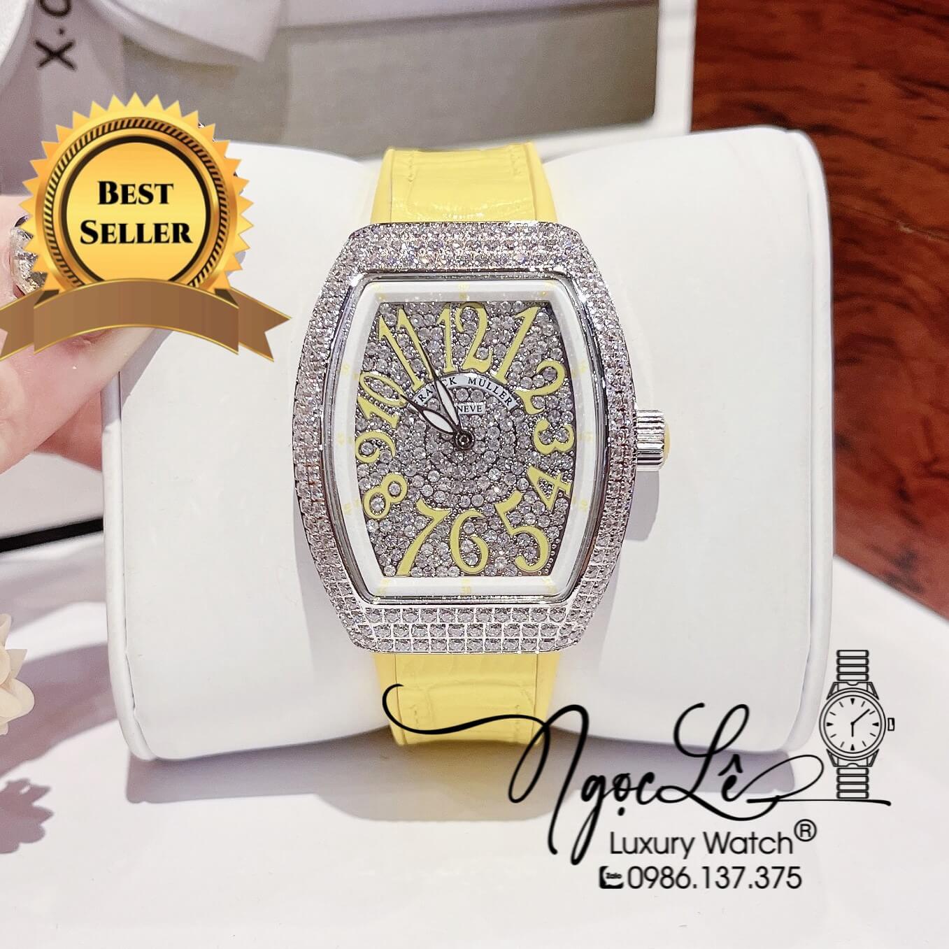 Đồng Hồ Franck Muller V32 Nữ Dây Màu Vàng Pastel Đính Đá Bạc Size 34mm