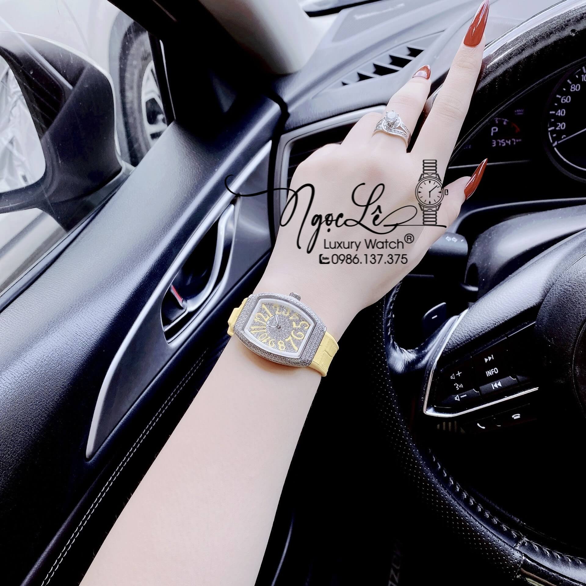 Đồng Hồ Franck Muller V32 Nữ Dây Màu Vàng Pastel Đính Đá Bạc Size 34mm