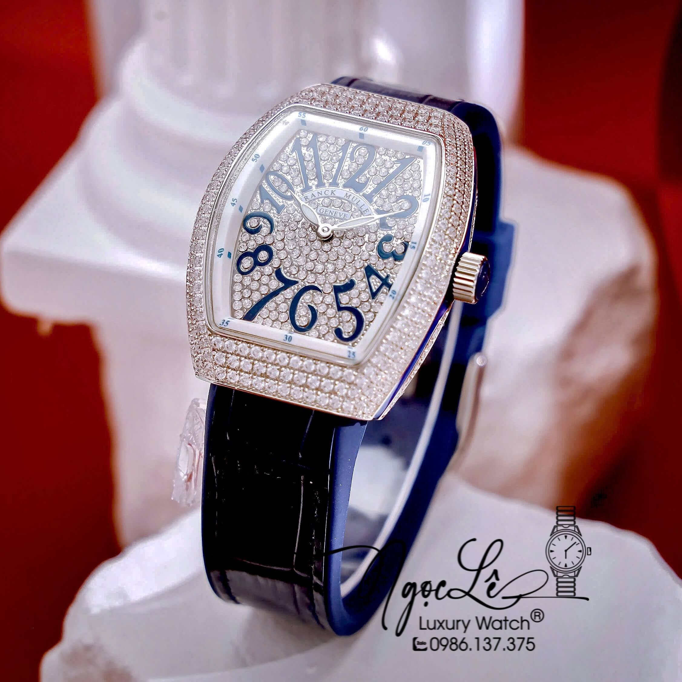 Đồng Hồ Franck Muller V32 Nữ Dây Màu Xanh Dương Đậm Đính Đá Bạc Size 34mm