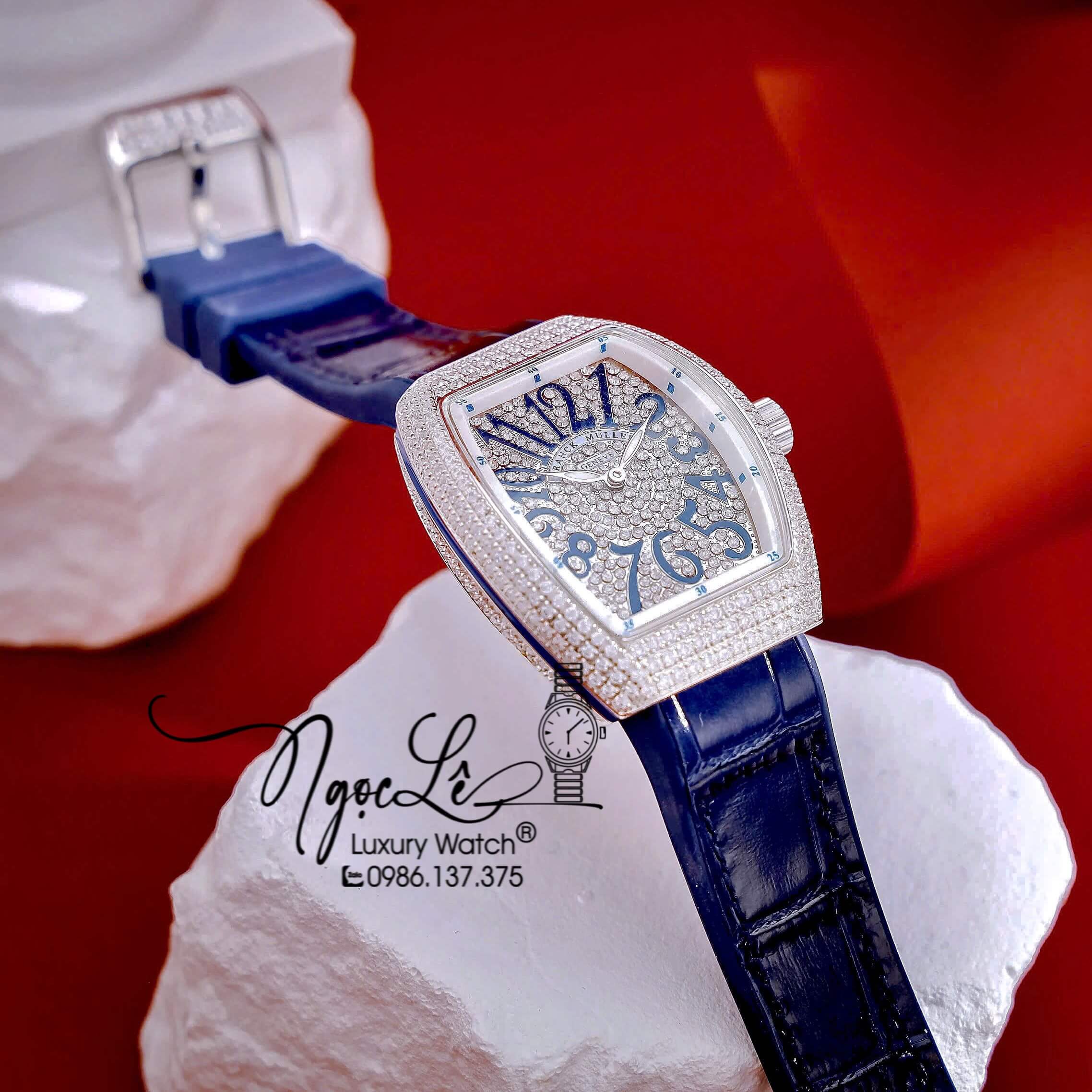 Đồng Hồ Franck Muller V32 Nữ Dây Màu Xanh Dương Đậm Đính Đá Bạc Size 34mm