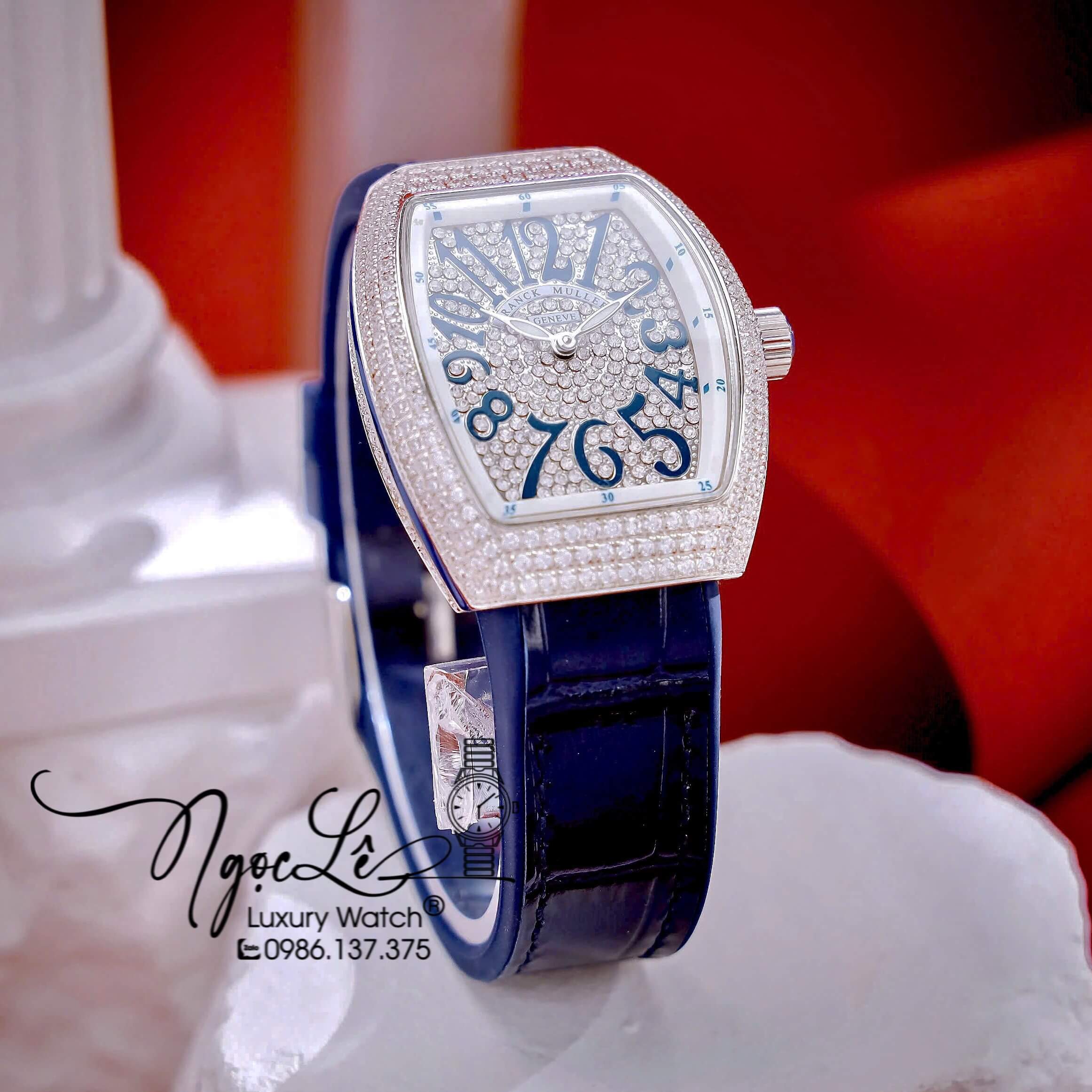 Đồng Hồ Franck Muller V32 Nữ Dây Màu Xanh Dương Đậm Đính Đá Bạc Size 34mm