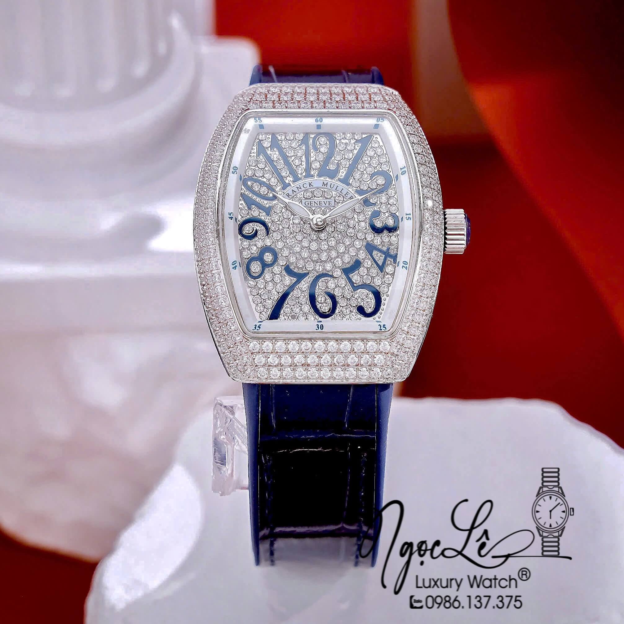 Đồng Hồ Franck Muller V32 Nữ Dây Màu Xanh Dương Đậm Đính Đá Bạc Size 34mm