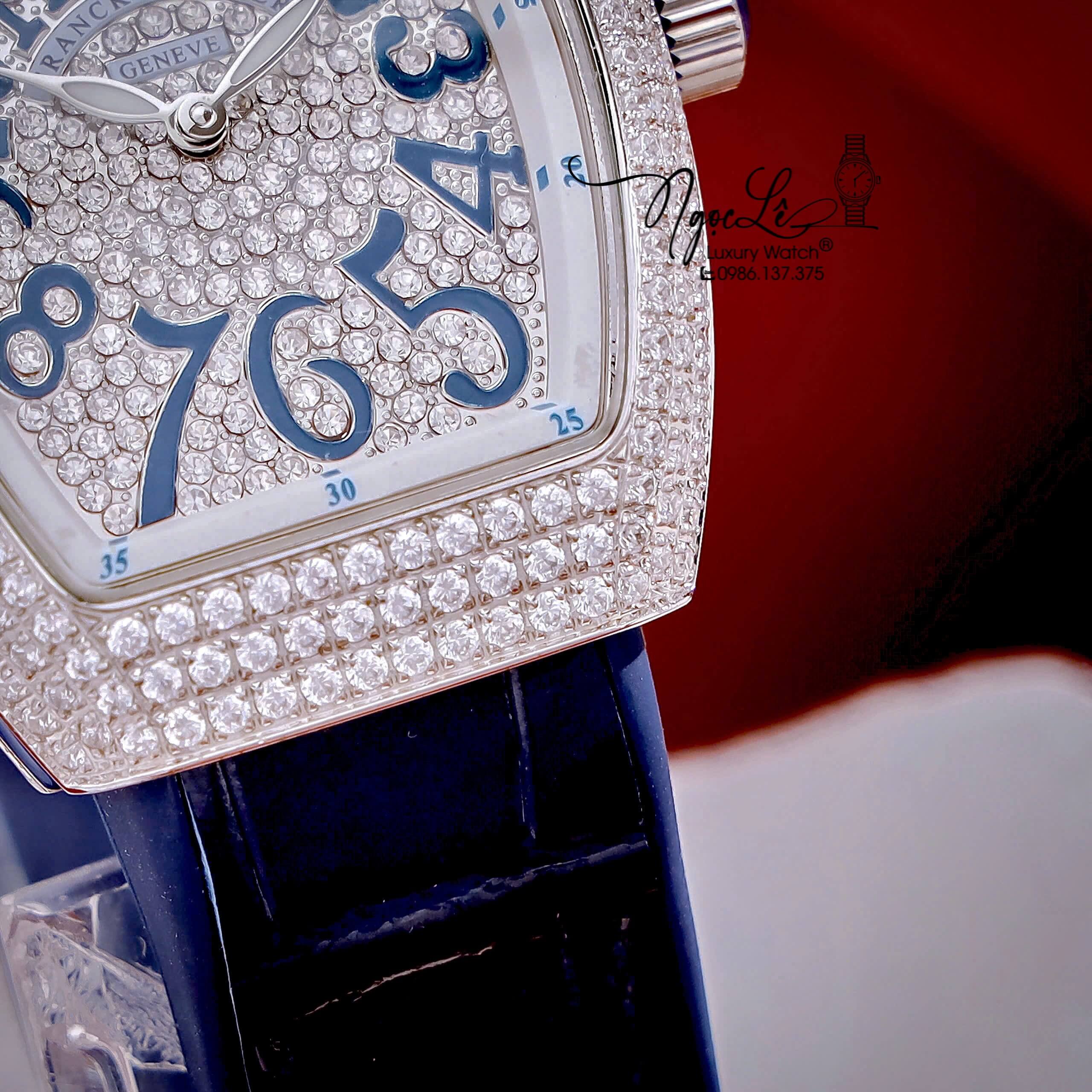 Đồng Hồ Franck Muller V32 Nữ Dây Màu Xanh Dương Đậm Đính Đá Bạc Size 34mm