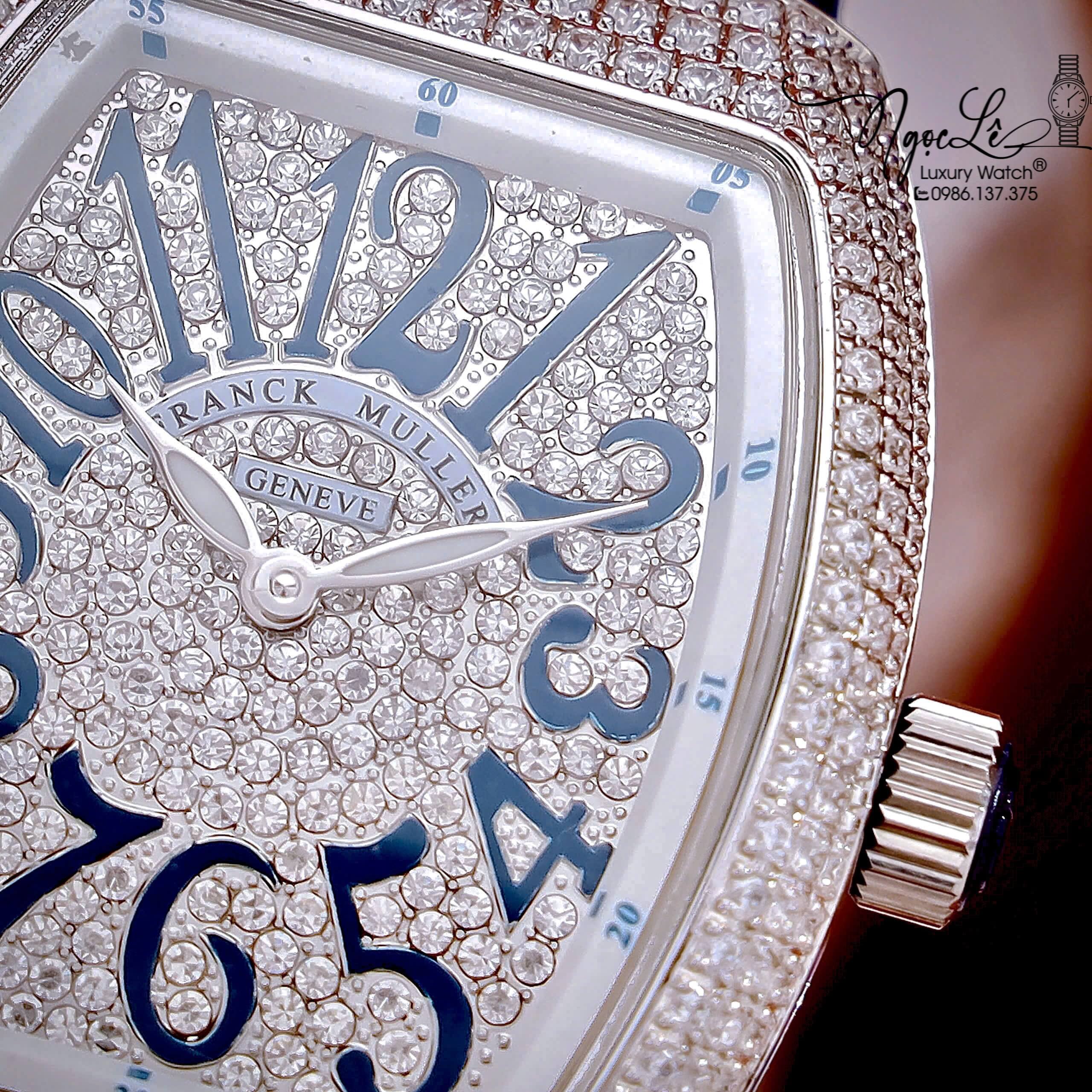 Đồng Hồ Franck Muller V32 Nữ Dây Màu Xanh Dương Đậm Đính Đá Bạc Size 34mm