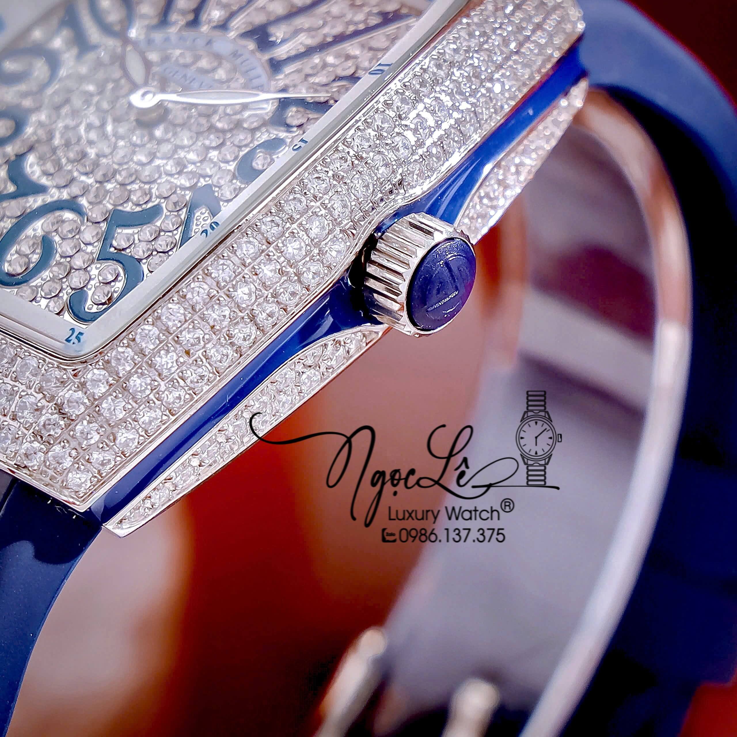 Đồng Hồ Franck Muller V32 Nữ Dây Màu Xanh Dương Đậm Đính Đá Bạc Size 34mm