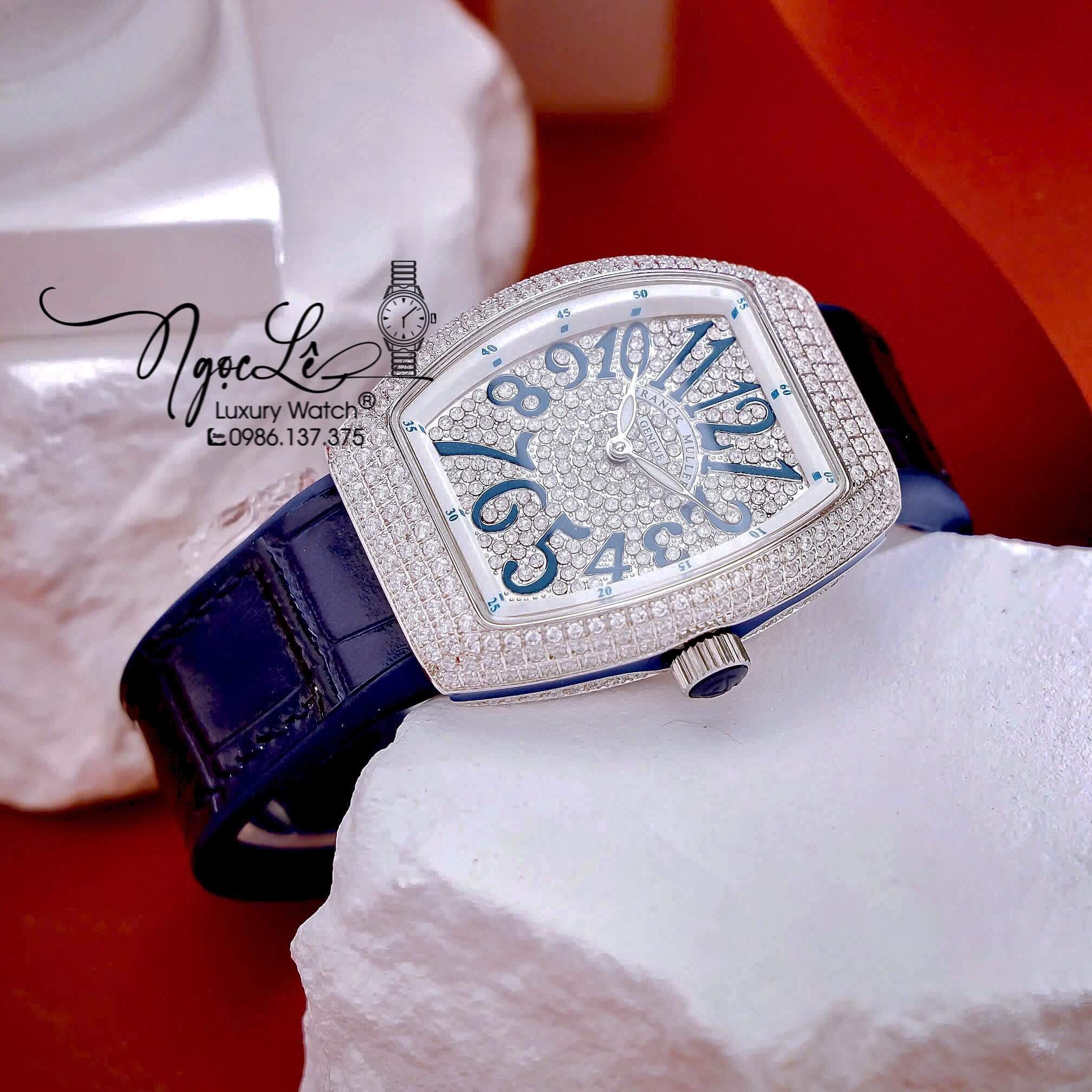 Đồng Hồ Franck Muller V32 Nữ Dây Màu Xanh Dương Đậm Đính Đá Bạc Size 34mm