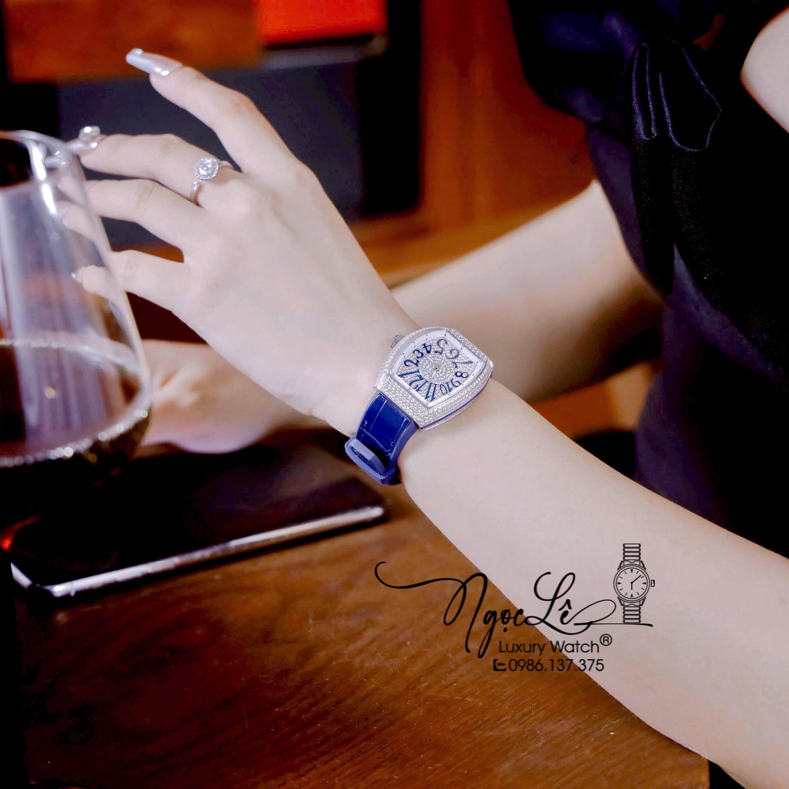 Đồng Hồ Franck Muller V32 Nữ Dây Màu Xanh Dương Đậm Đính Đá Bạc Size 34mm