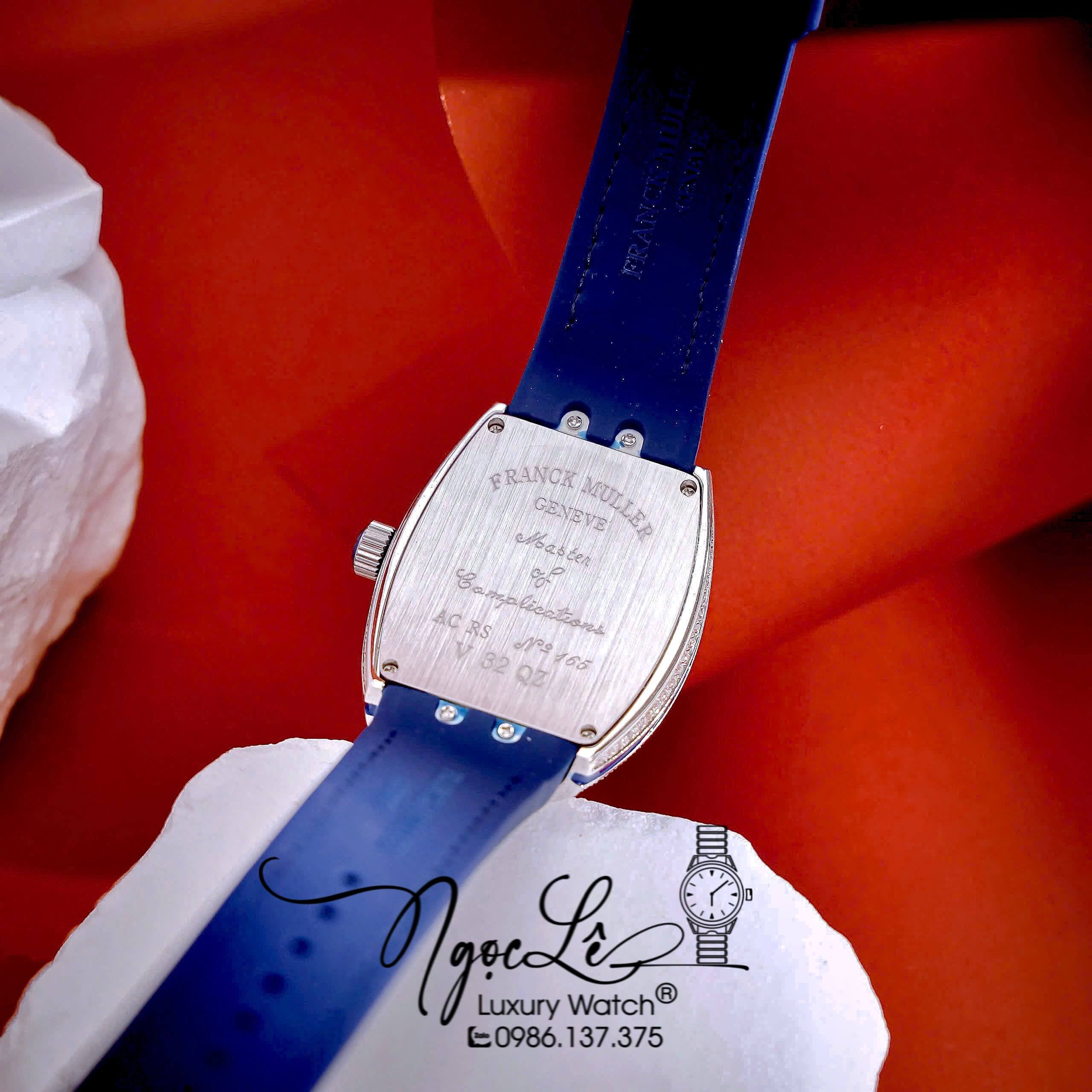 Đồng Hồ Franck Muller V32 Nữ Dây Màu Xanh Dương Đậm Đính Đá Bạc Size 34mm