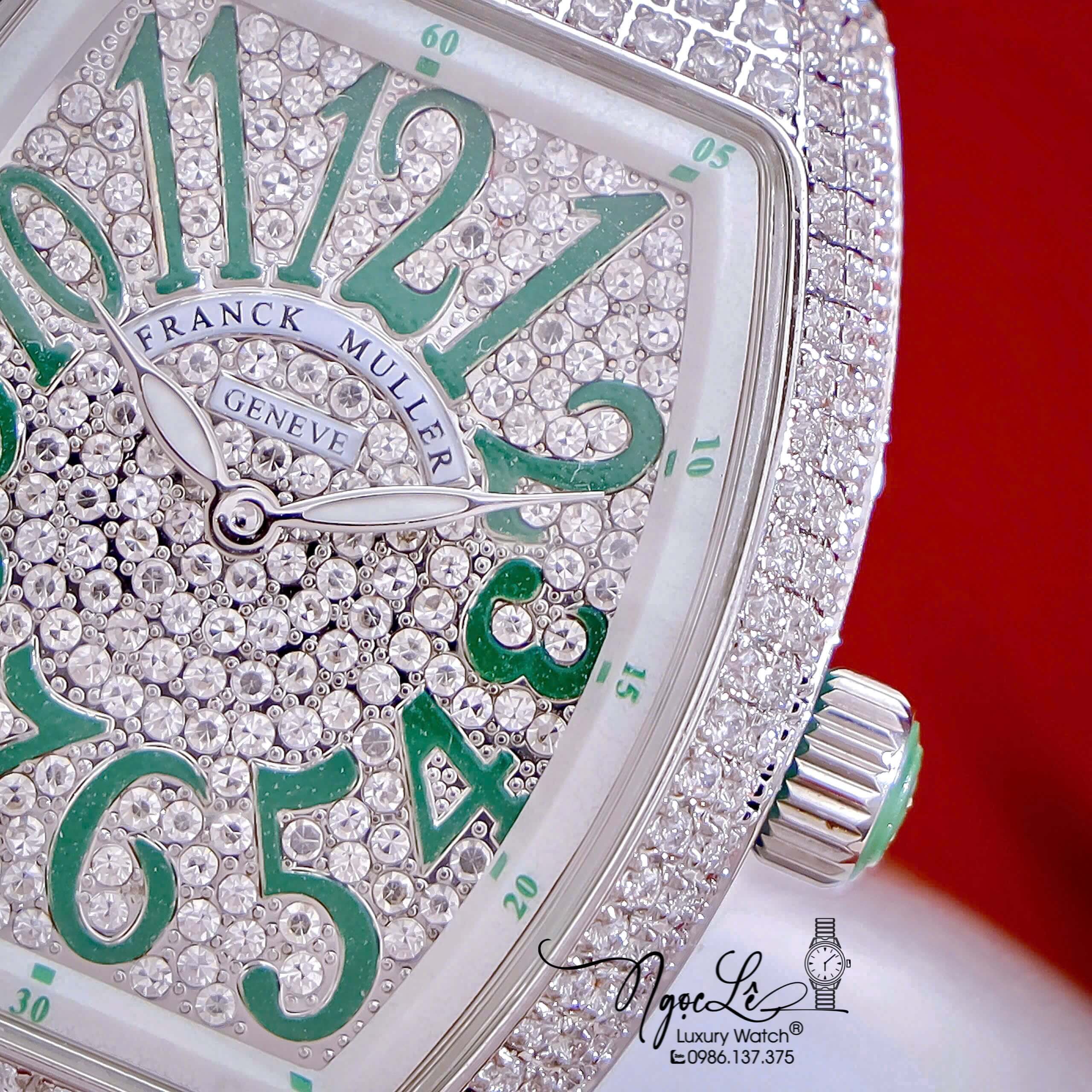 Đồng Hồ Franck Muller V32 Nữ Dây Màu Xanh Lá Đậm Đính Đá Bạc Size 34mm