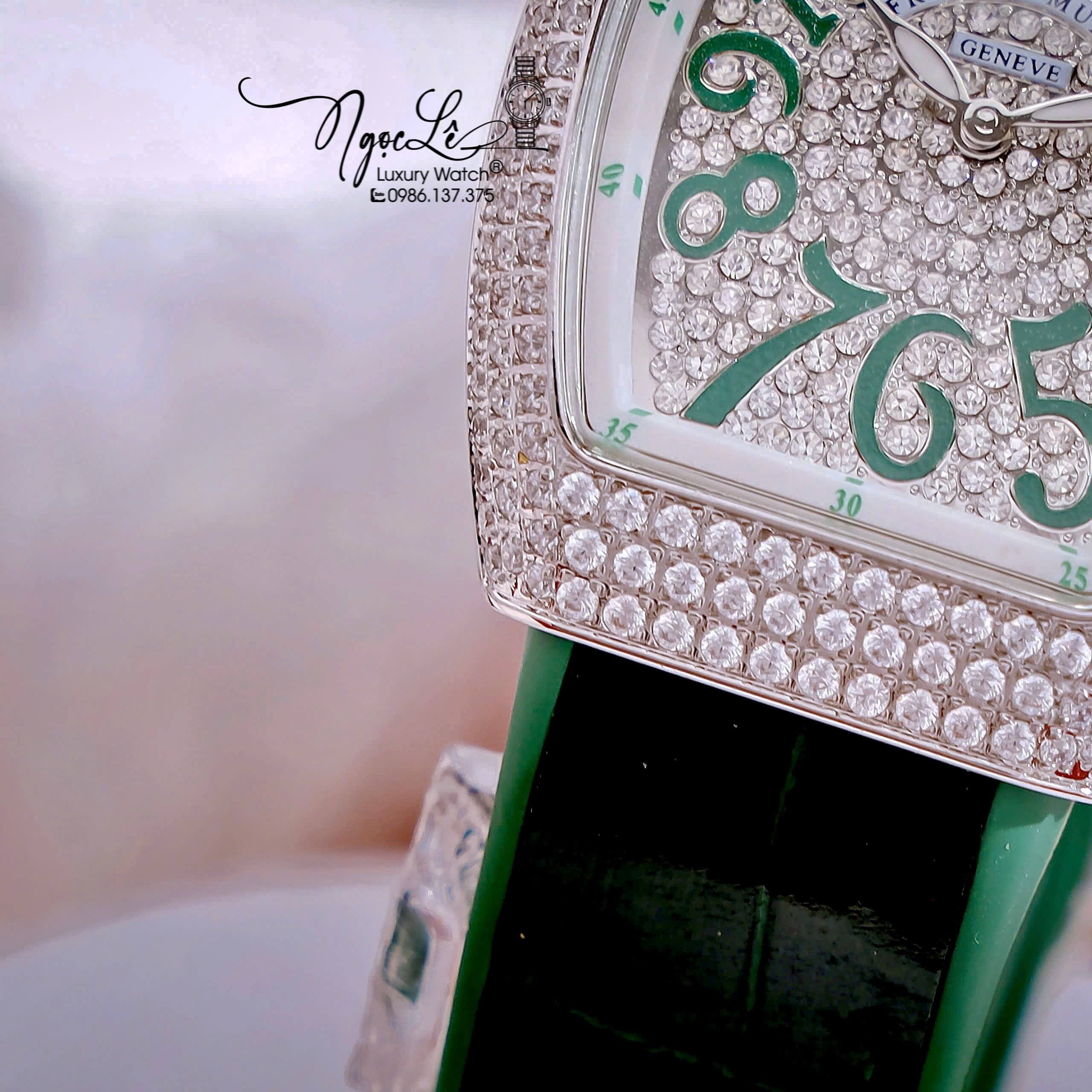 Đồng Hồ Franck Muller V32 Nữ Dây Màu Xanh Lá Đậm Đính Đá Bạc Size 34mm