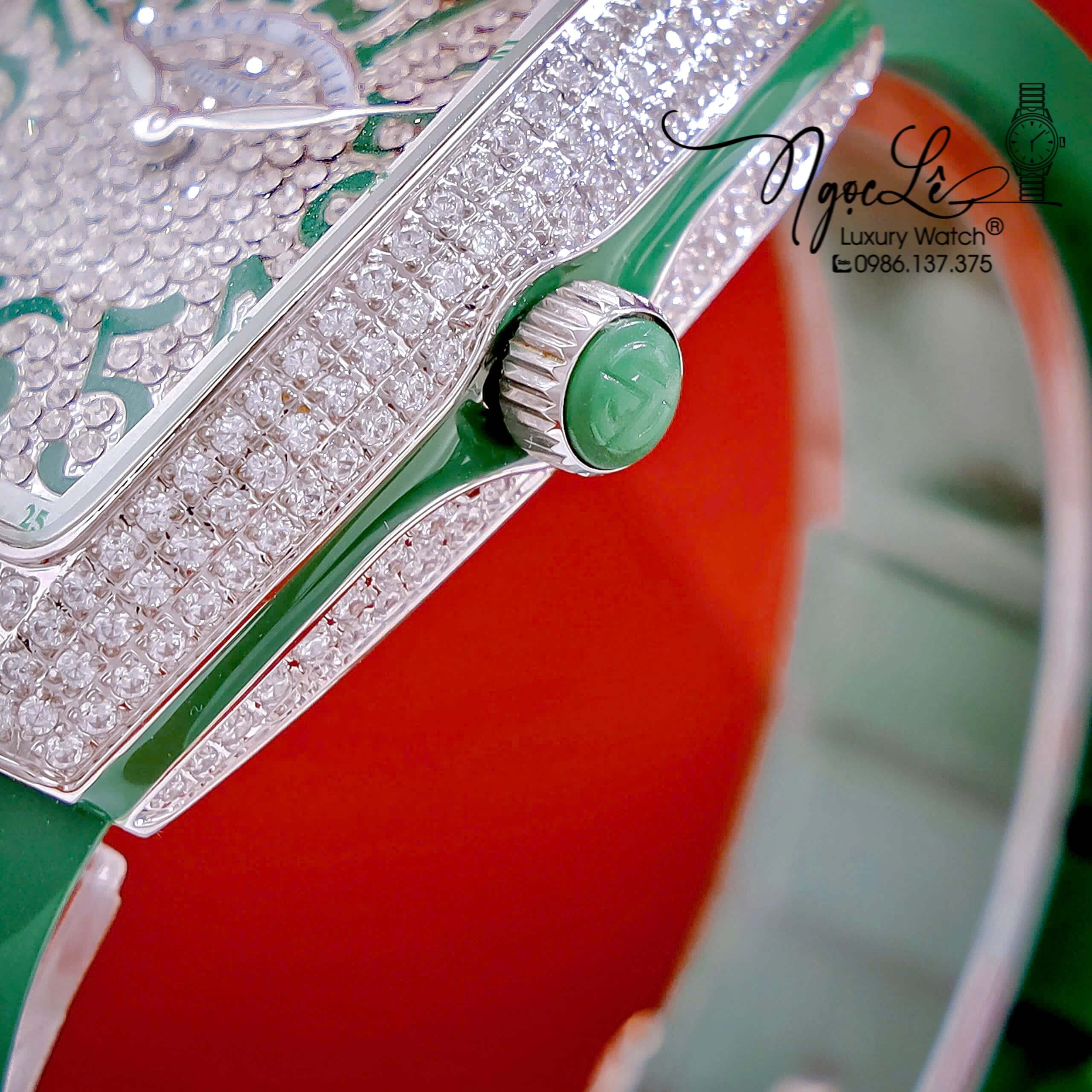 Đồng Hồ Franck Muller V32 Nữ Dây Màu Xanh Lá Đậm Đính Đá Bạc Size 34mm