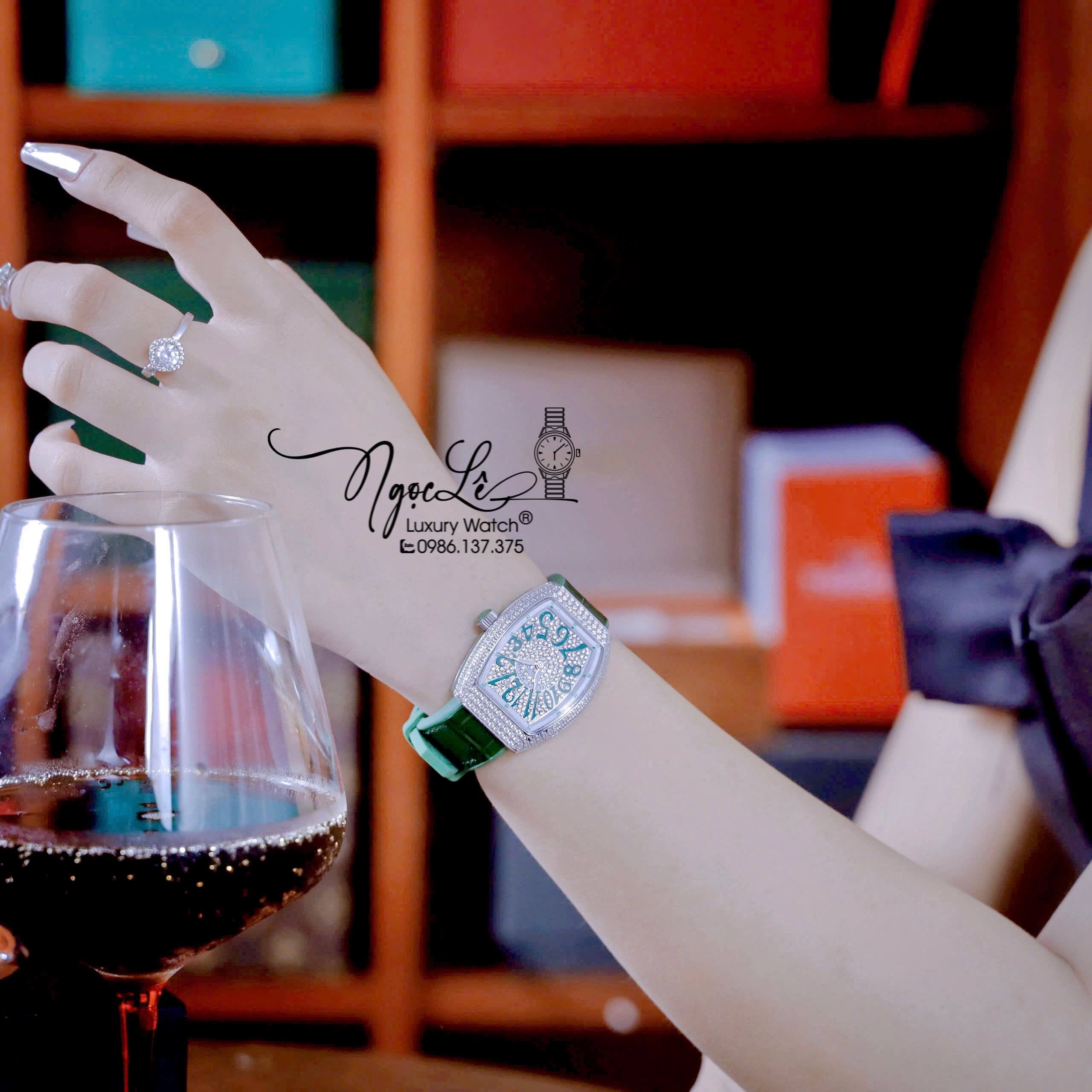 Đồng Hồ Franck Muller V32 Nữ Dây Màu Xanh Lá Đậm Đính Đá Bạc Size 34mm