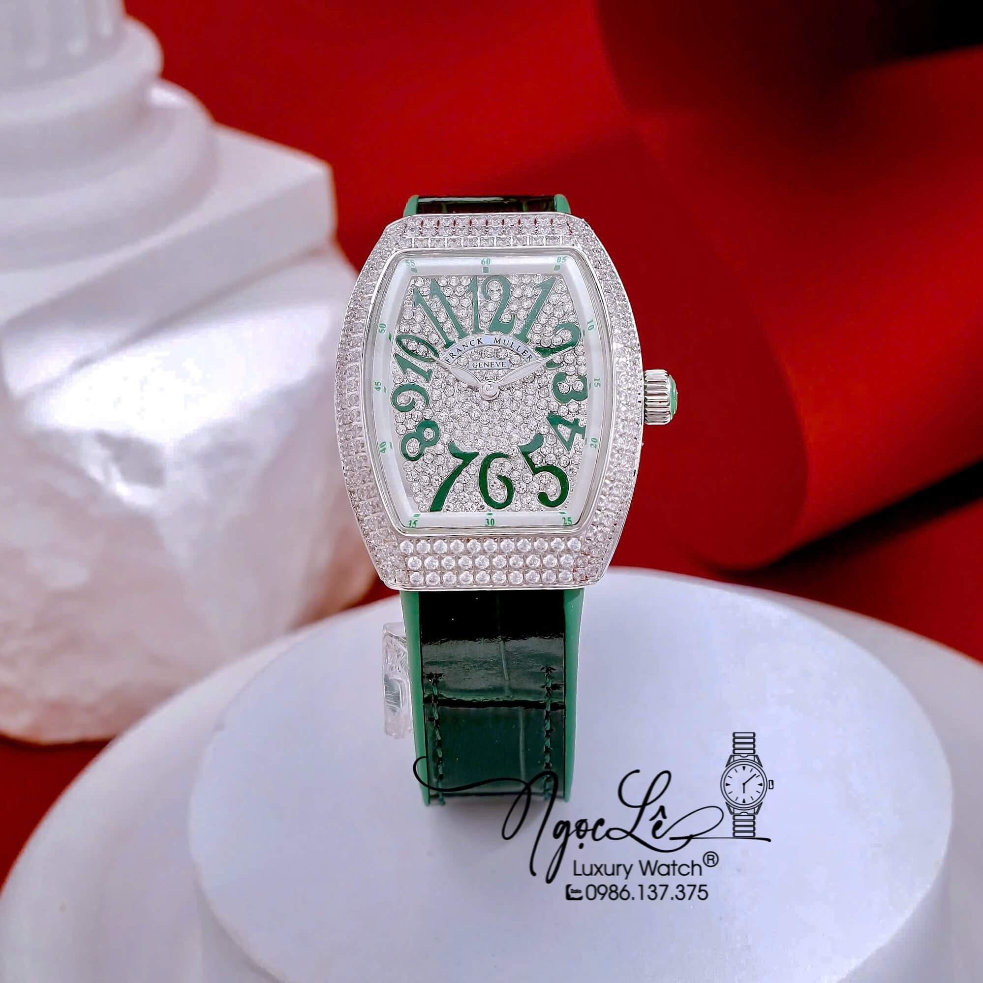 Đồng Hồ Franck Muller V32 Nữ Dây Màu Xanh Lá Đậm Đính Đá Bạc Size 34mm