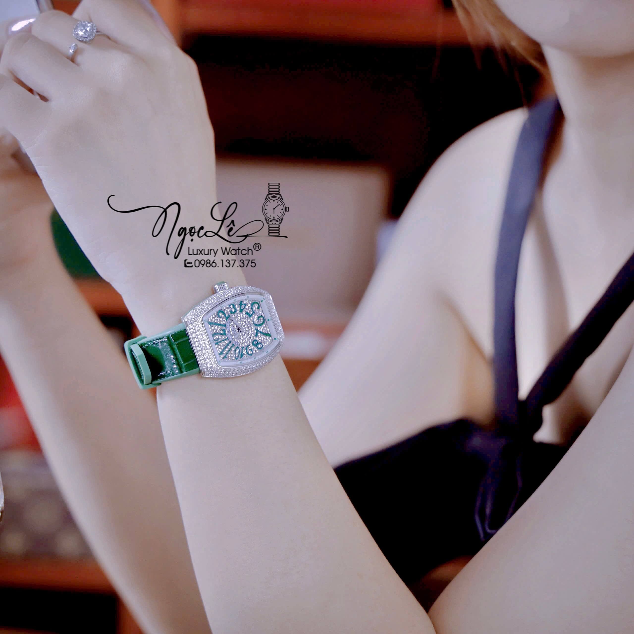 Đồng Hồ Franck Muller V32 Nữ Dây Màu Xanh Lá Đậm Đính Đá Bạc Size 34mm