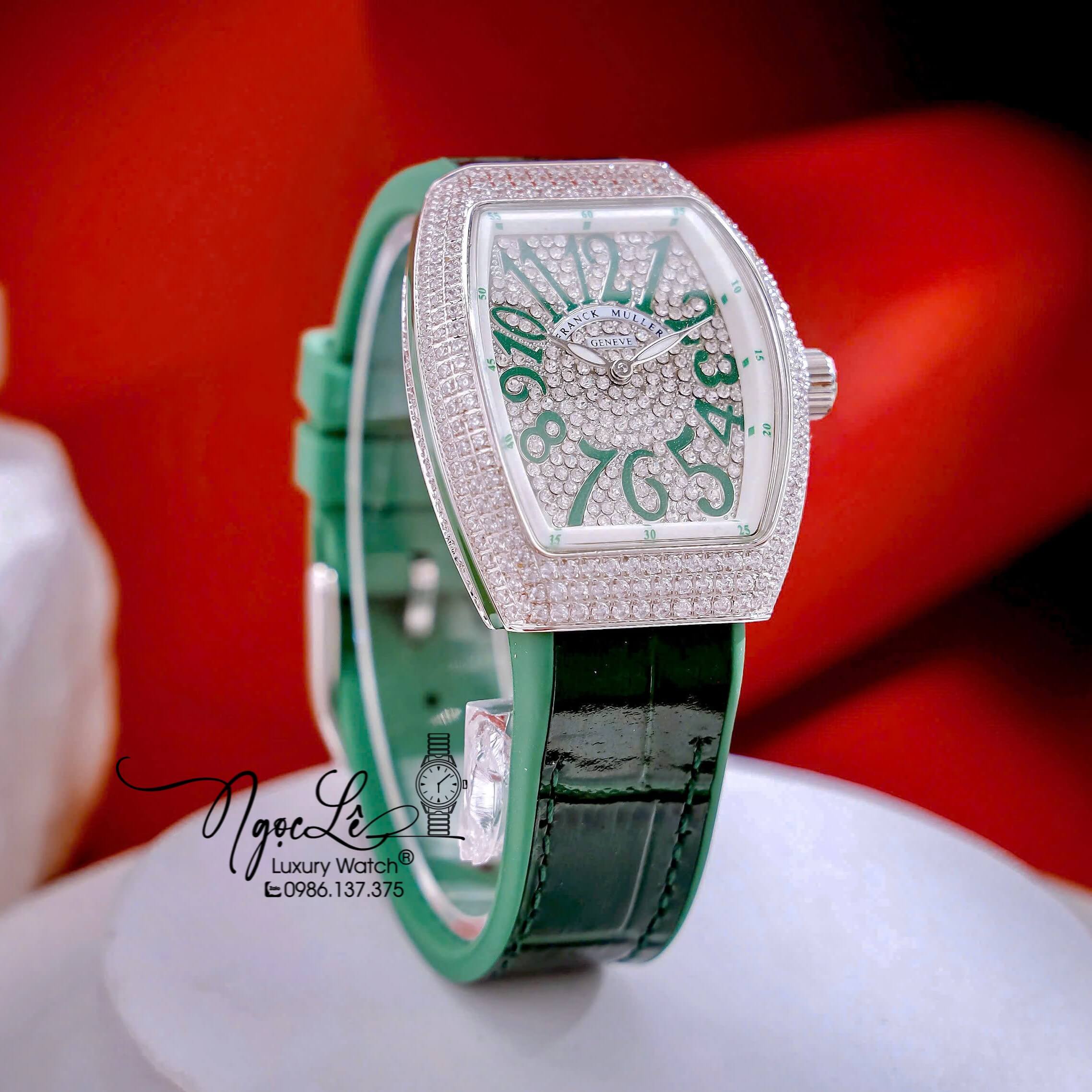 Đồng Hồ Franck Muller V32 Nữ Dây Màu Xanh Lá Đậm Đính Đá Bạc Size 34mm