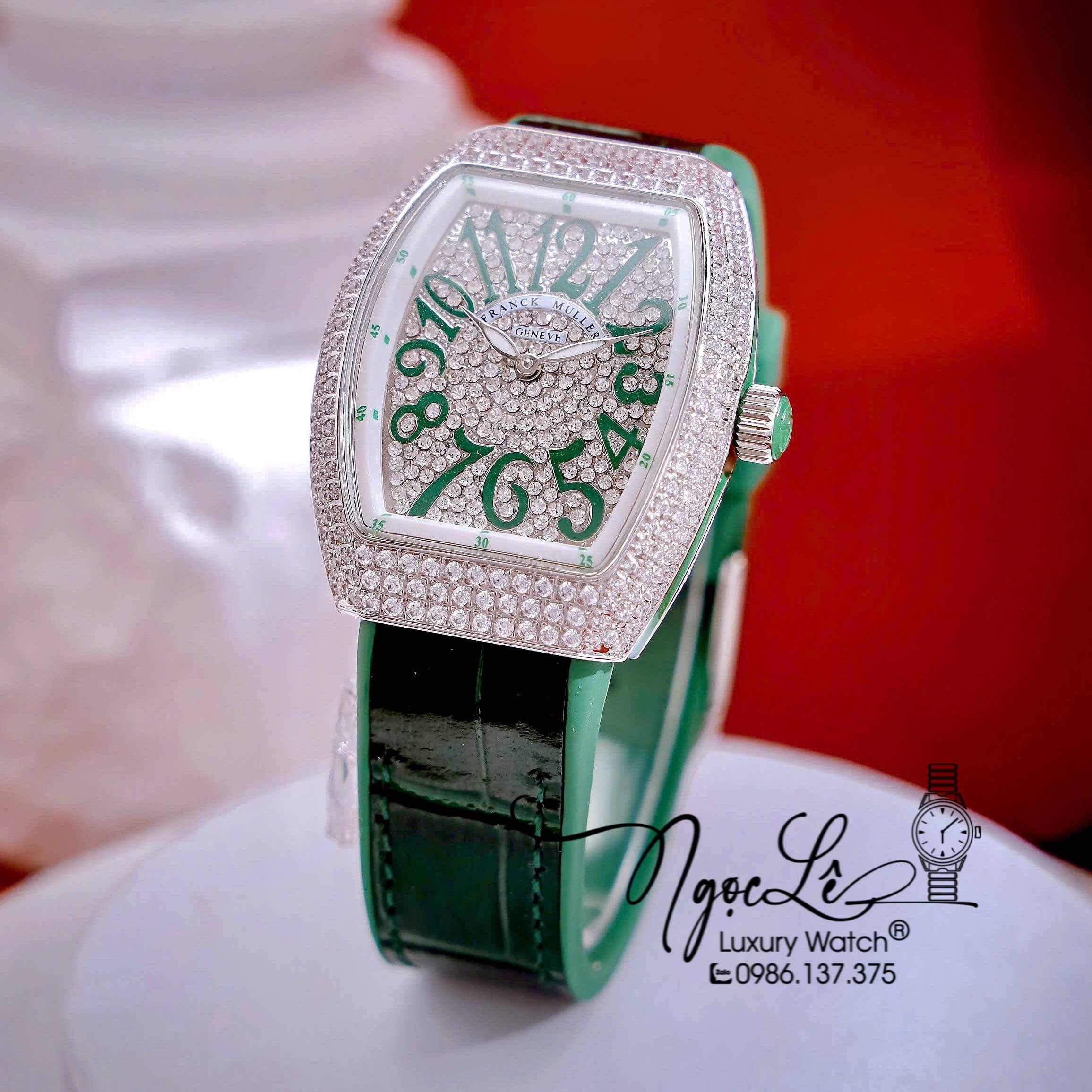 Đồng Hồ Franck Muller V32 Nữ Dây Màu Xanh Lá Đậm Đính Đá Bạc Size 34mm