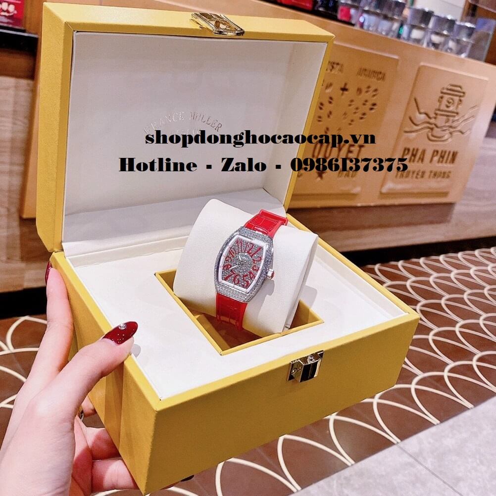 Đồng Hồ Franck Muller V32 Nữ Silicon Đỏ Đính Đá Silver 34mm