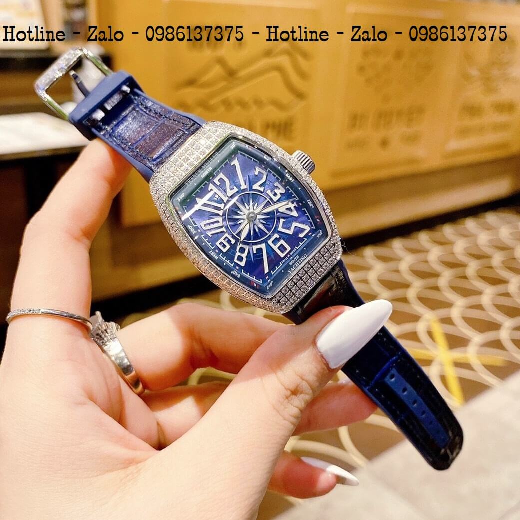 Đồng Hồ Nữ Franck Muller V32 Silicon Xanh Đính Đá Silver 34mm